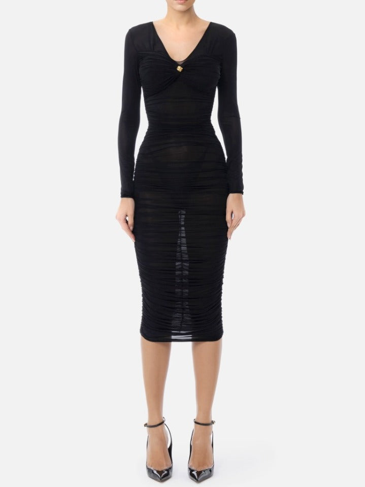 ELISABETTA FRANCHI Abito Midi Organza Drappeggio-Nero