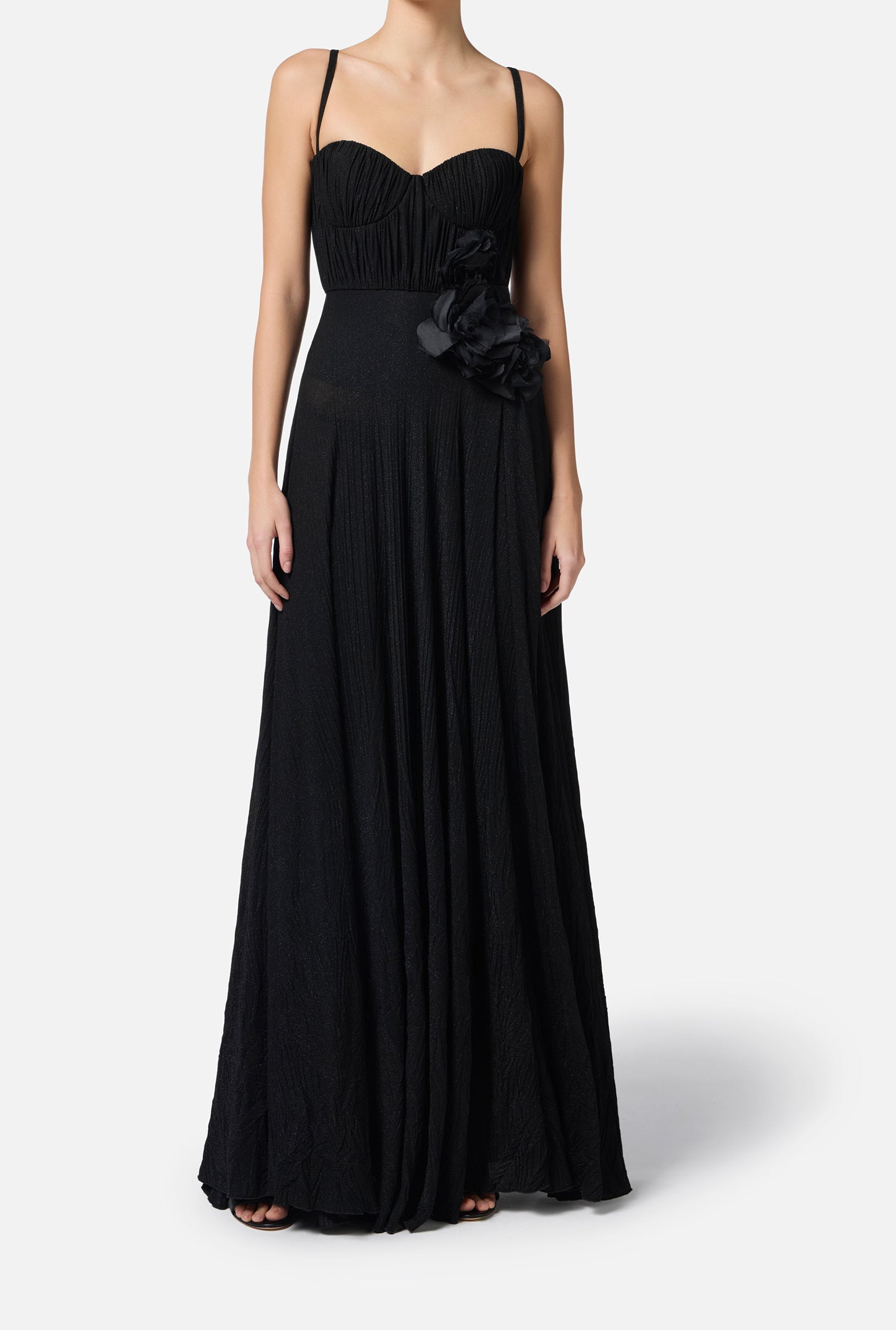 ELISABETTA FRANCHI Abito Red Carpet Jersey Lurex Fiore-Nero