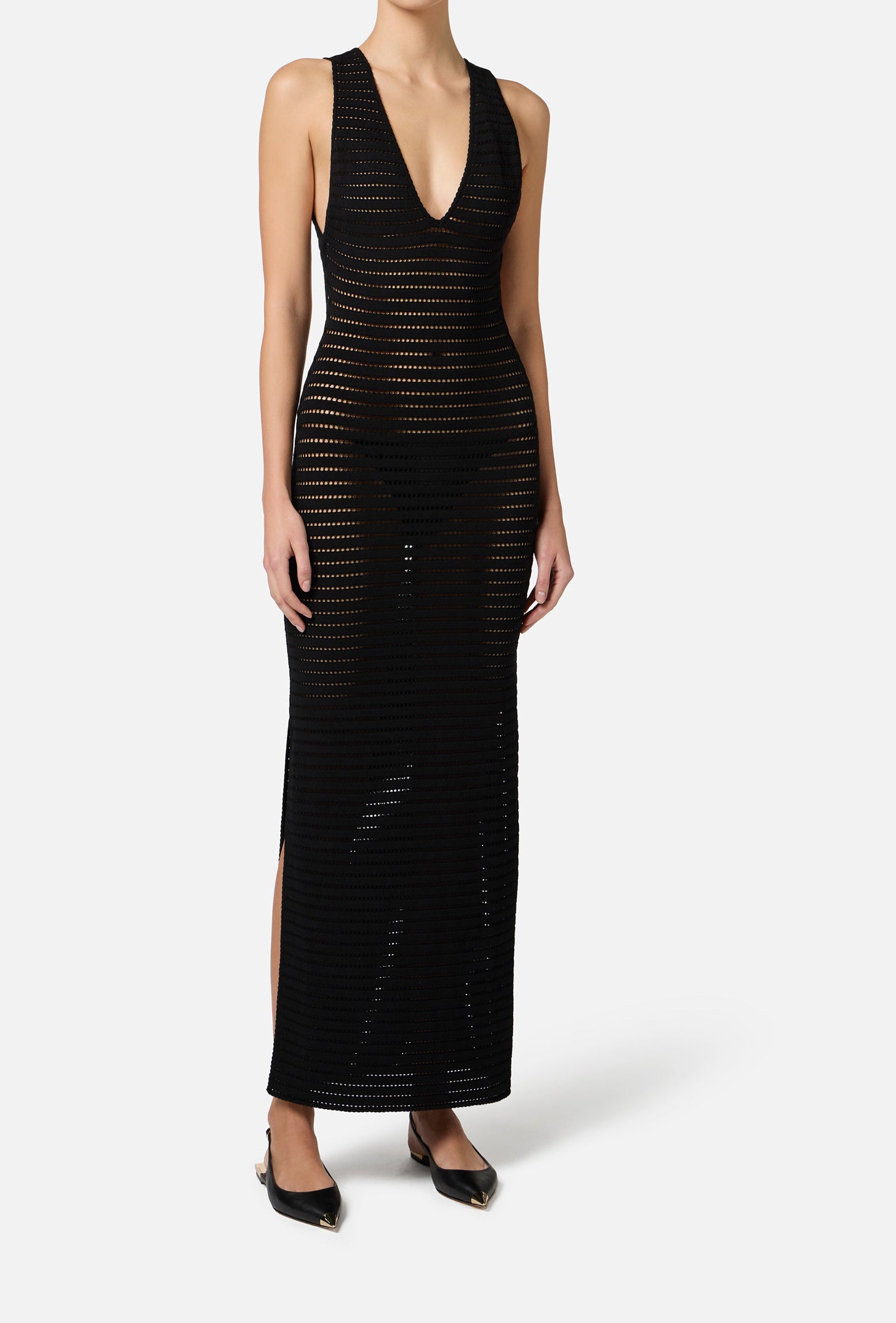 ELISABETTA FRANCHI Abito Lungo Maglia Traforata-Nero