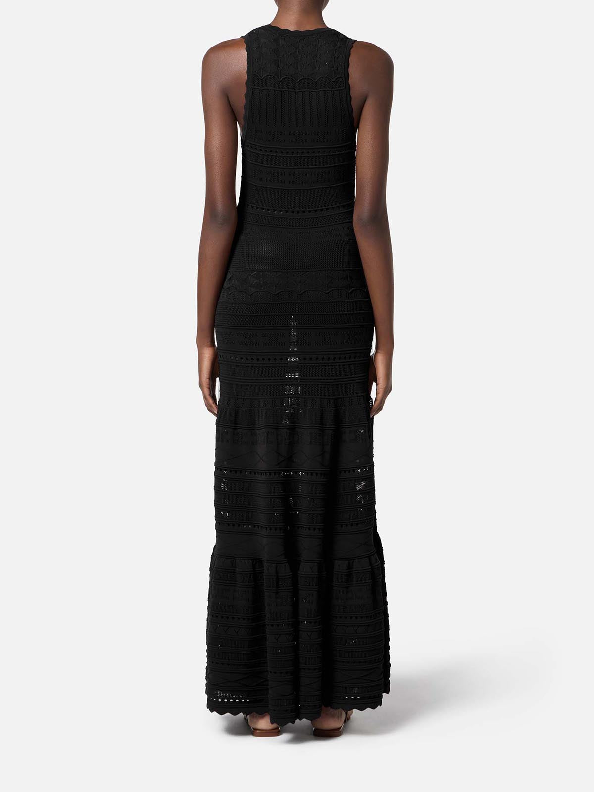 ELISABETTA FRANCHI Abito Lungo Maglia Traforata Fiore Gioiello-Nero