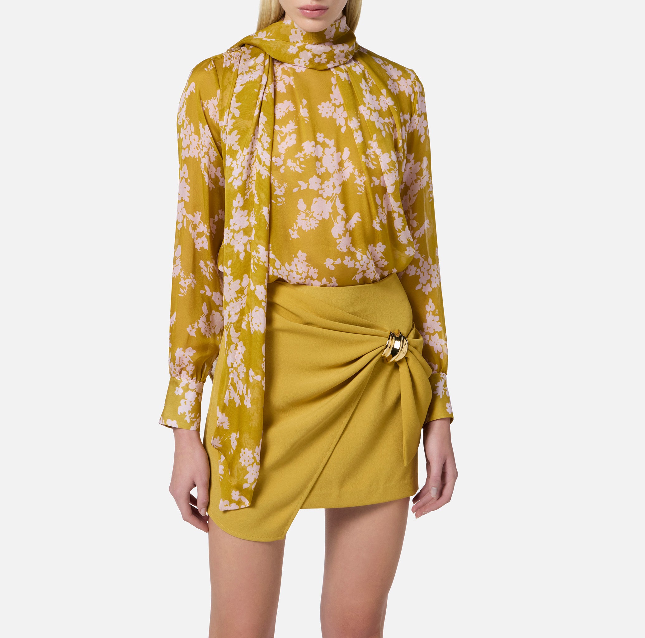 ELISABETTA FRANCHI Blusa Voile Seta Floreale-Curry Quarzo