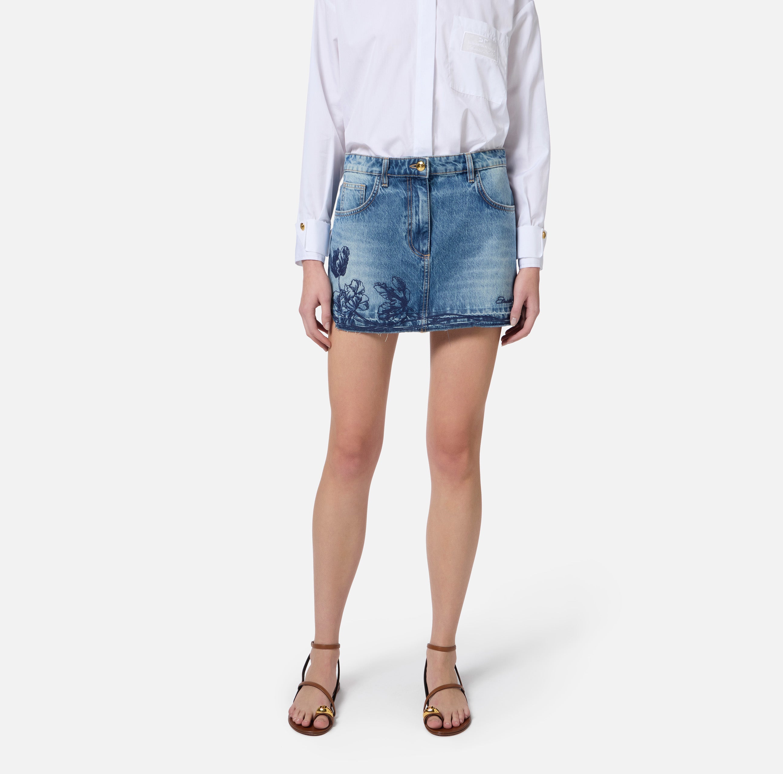 ELISABETTA FRANCHI Minigonna Jeans Fiori-Blue Denim