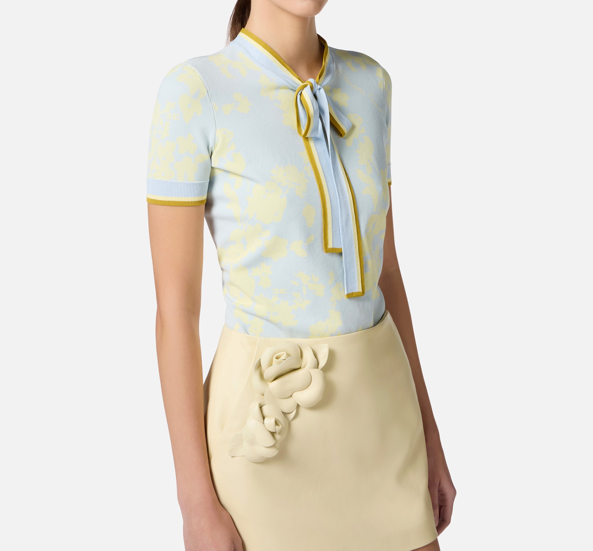 ELISABETTA FRANCHI Maglia Viscosa Jacquard Fiori-Sky Blue Lemonade