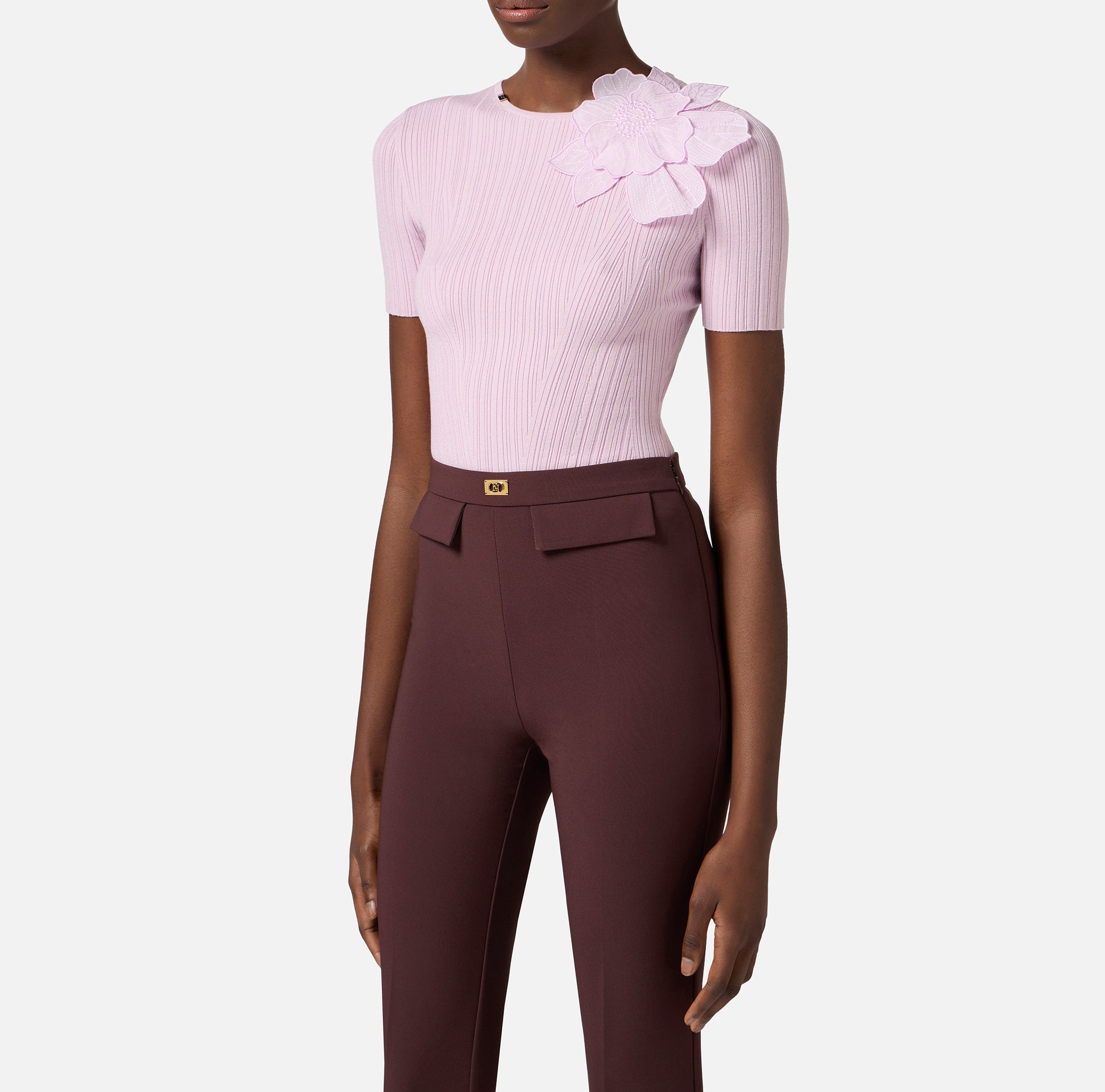 ELISABETTA FRANCHI Maglia Lyocell Seta Fiore-Quarzo
