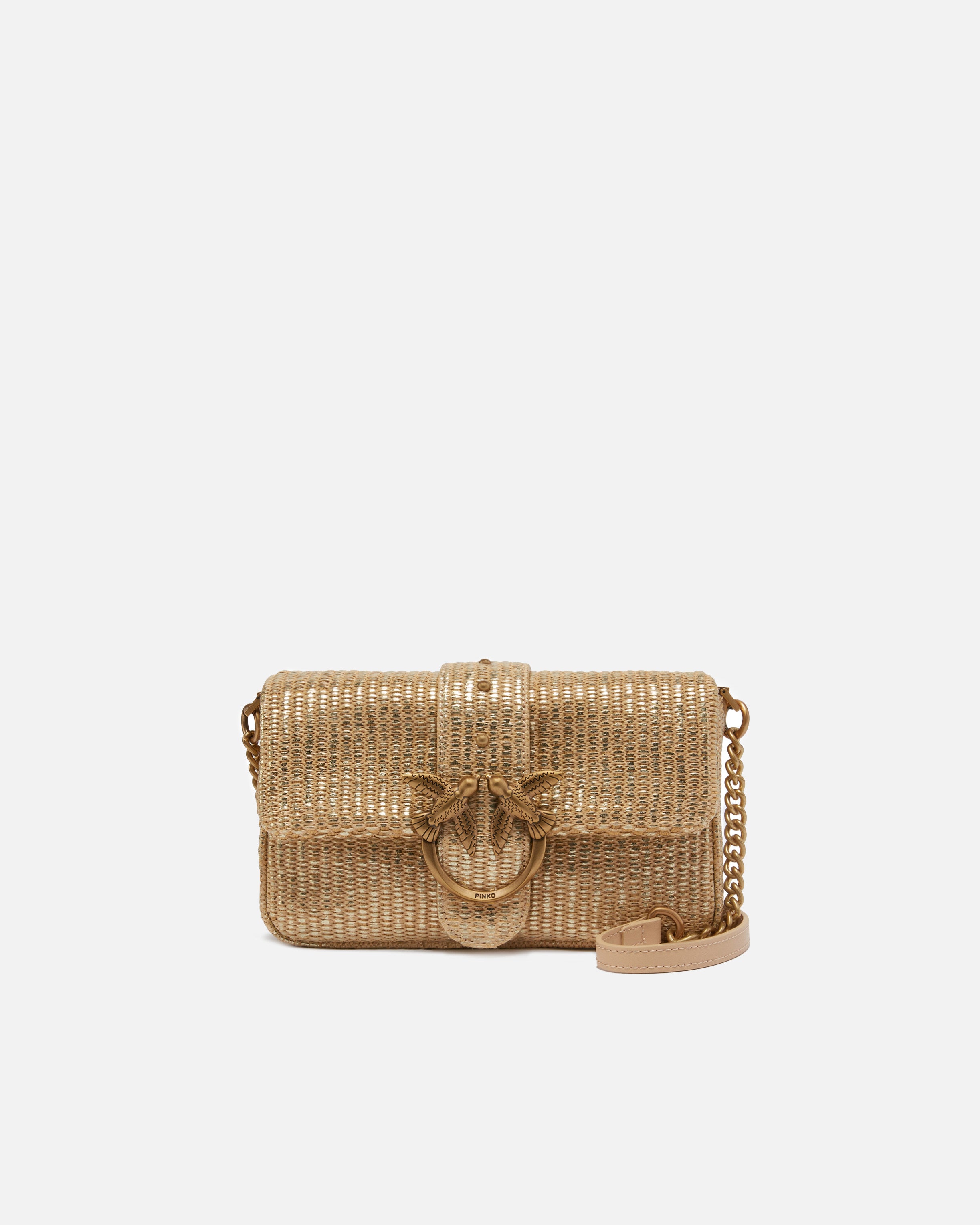 PINKO Borsa Love One Mini Slouchy Rafia-Beige Oro