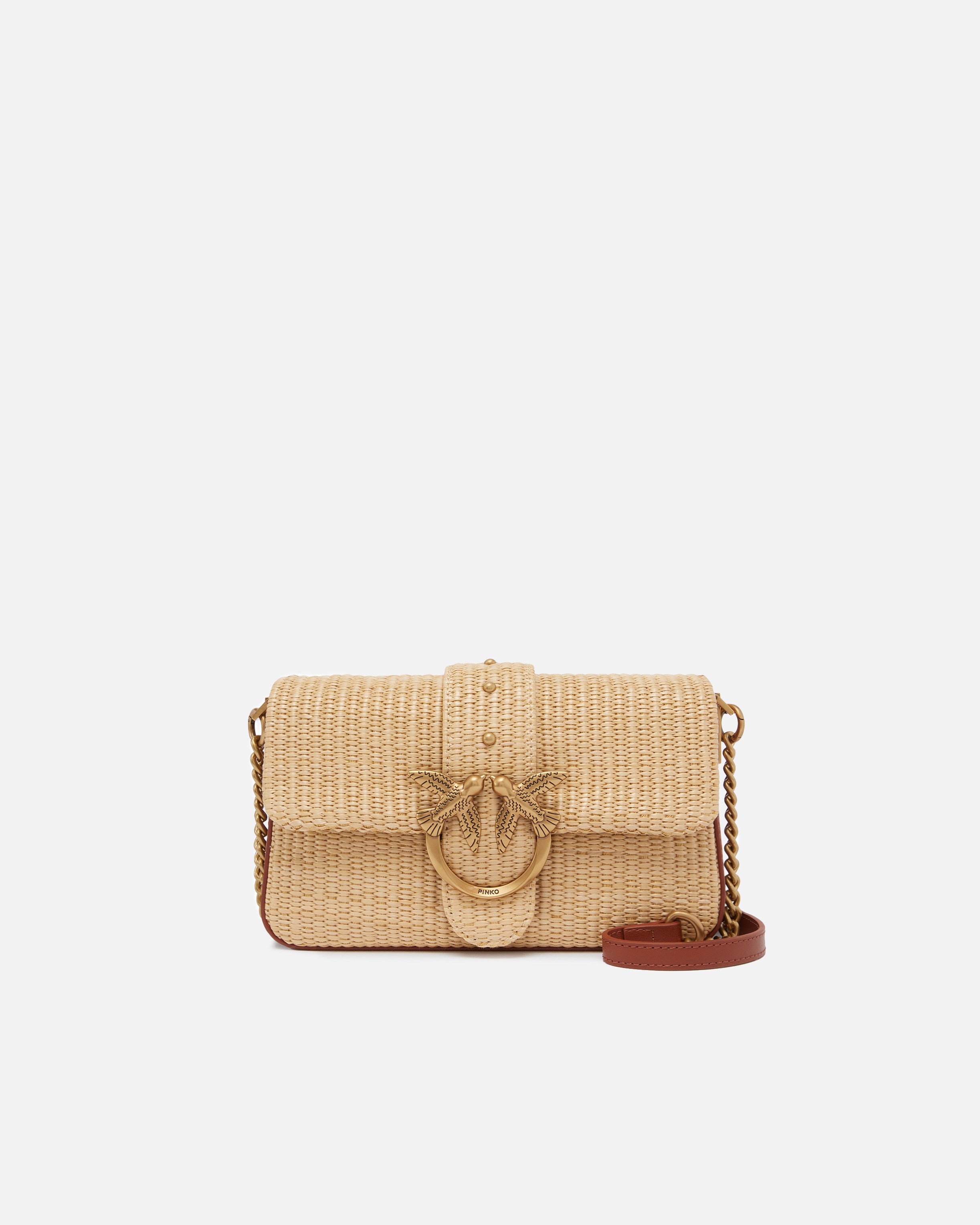 PINKO Borsa Love One Mini Slouchy Rafia-Beige Grigio