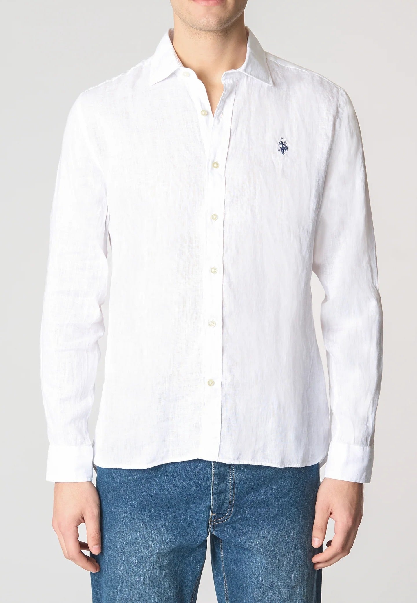 U.S. POLO ASSN. Camicia Uomo ZED Lino Chambray Slim Fit-Bianco