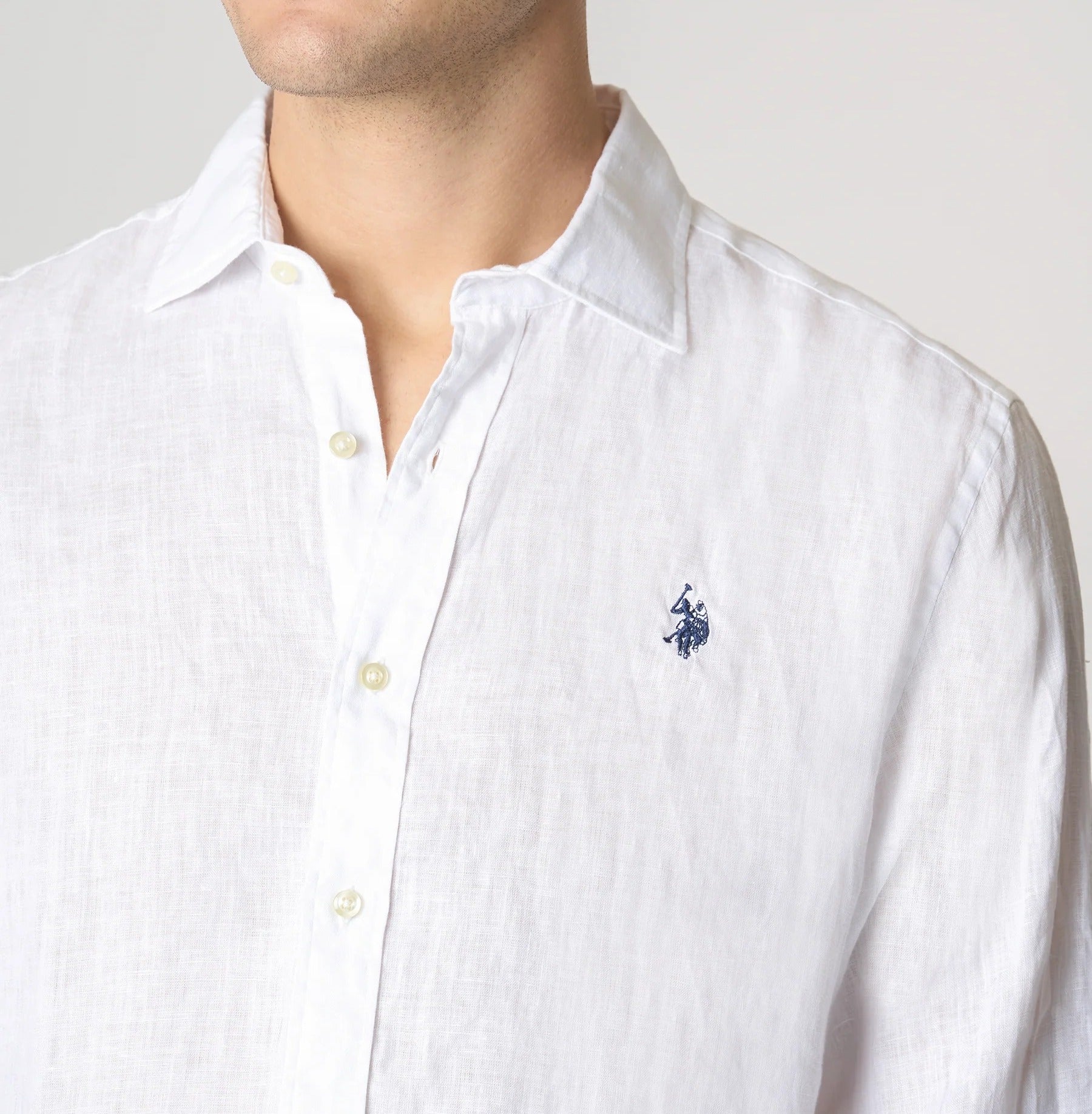 U.S. POLO ASSN. Camicia Uomo ZED Lino Chambray Slim Fit-Bianco