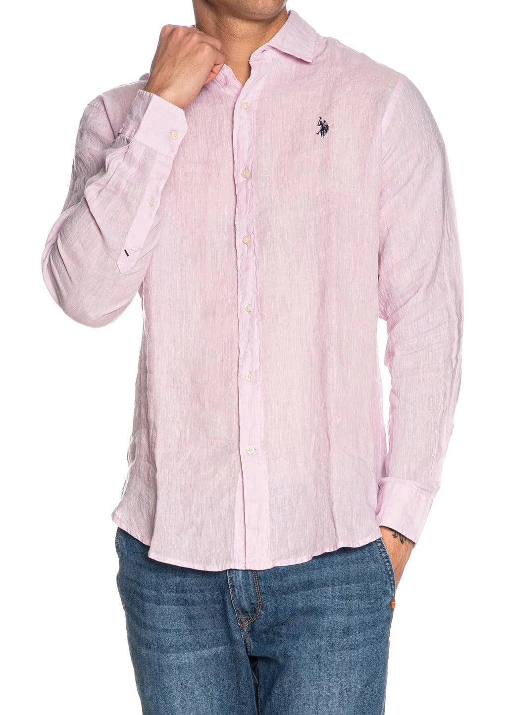 U.S. POLO ASSN. Camicia Uomo ZED Lino Chambray Slim Fit-Rosa