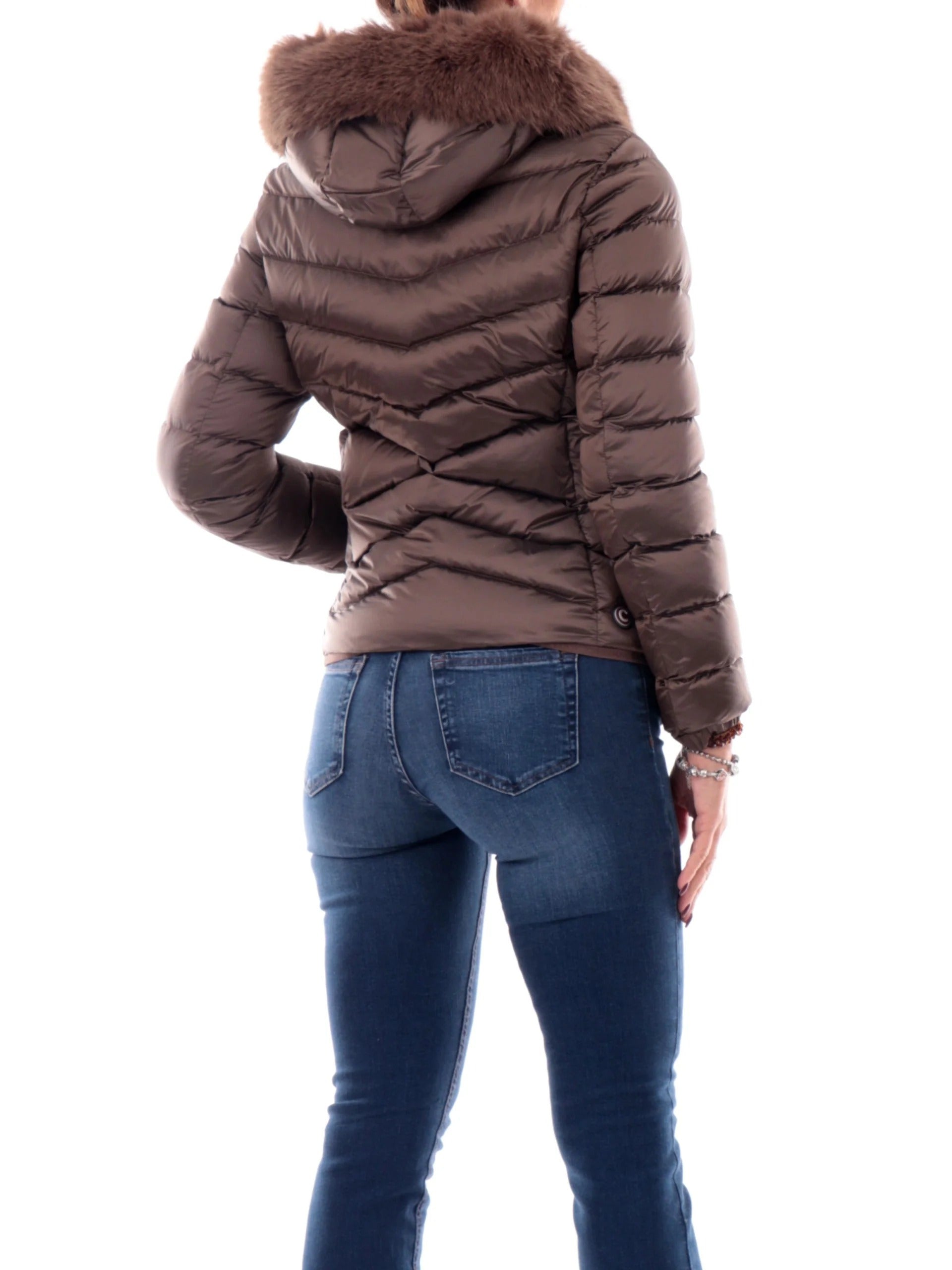 COLMAR Piumino Donna Trapuntato Cappuccio Ecopelliccia-Marrone Dark Yam