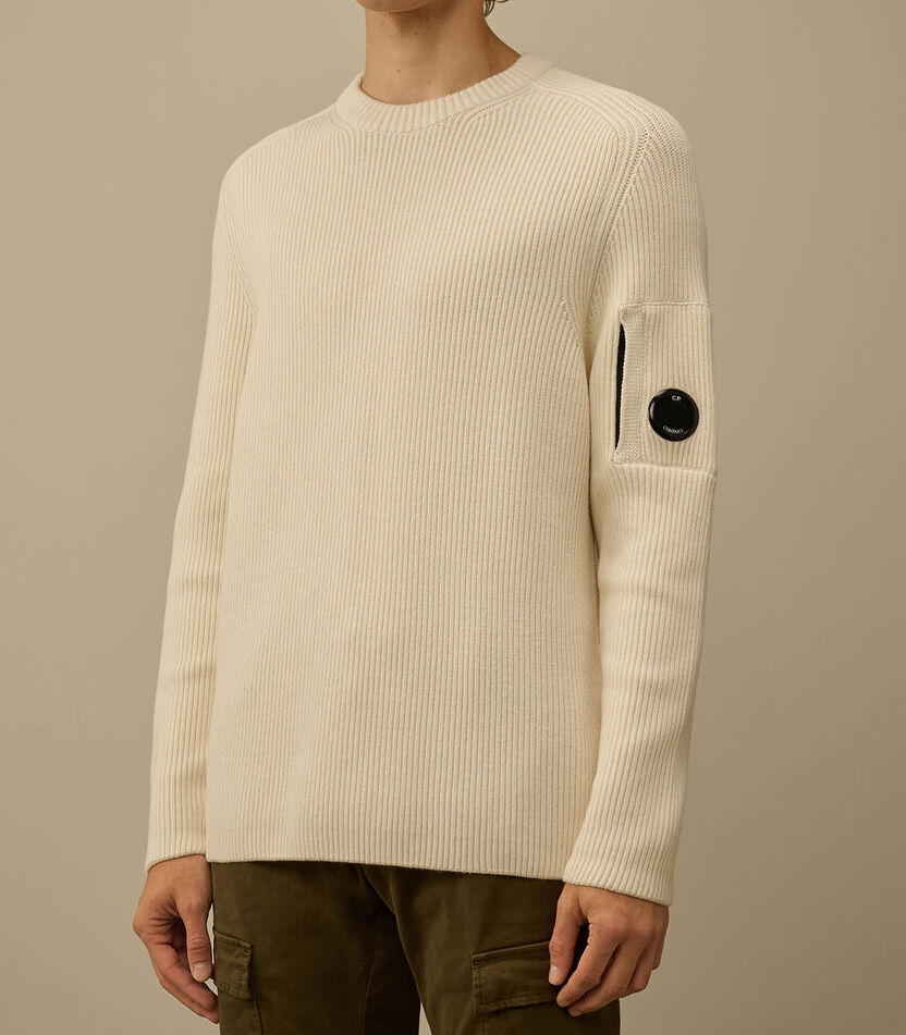 C.P. COMPANY Maglione Uomo Full Rib Crewneck Lens-Gauze White