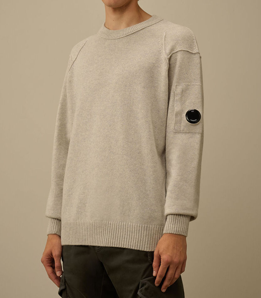 C.P. COMPANY Maglione Uomo Lambswool GRS Crewneck Lens-Off White Melange