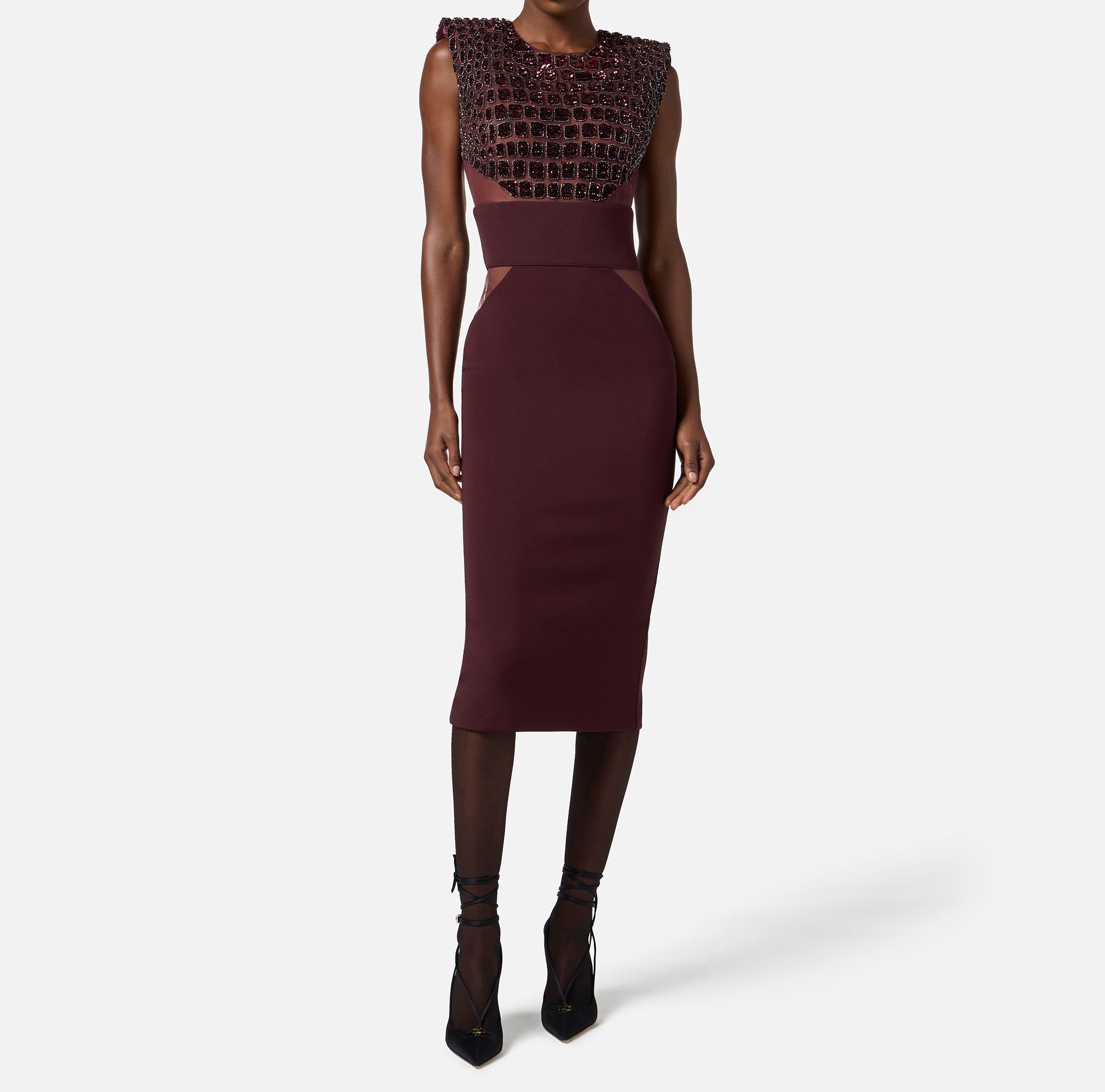 ELISABETTA FRANCHI Abito Midi crêpe Tulle Ricamo-Merlot