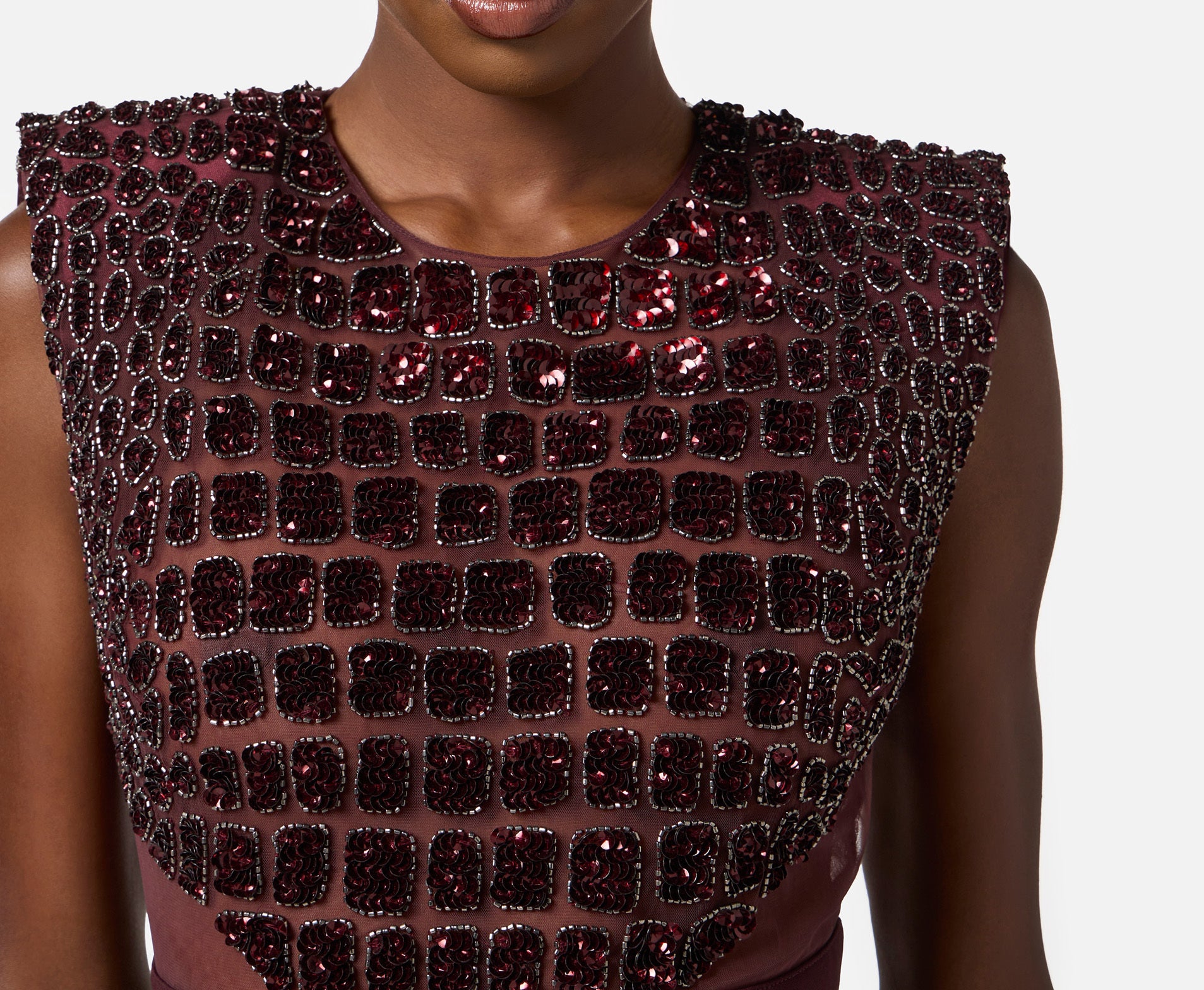 ELISABETTA FRANCHI Abito Midi crêpe Tulle Ricamo-Merlot