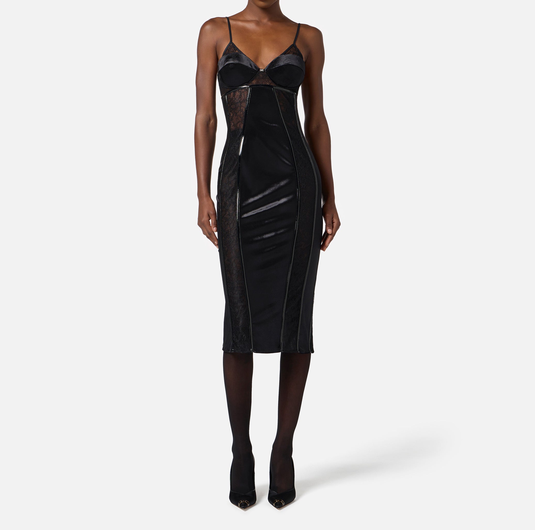 ELISABETTA FRANCHI Abito Midi Velluto Pizzo-Nero