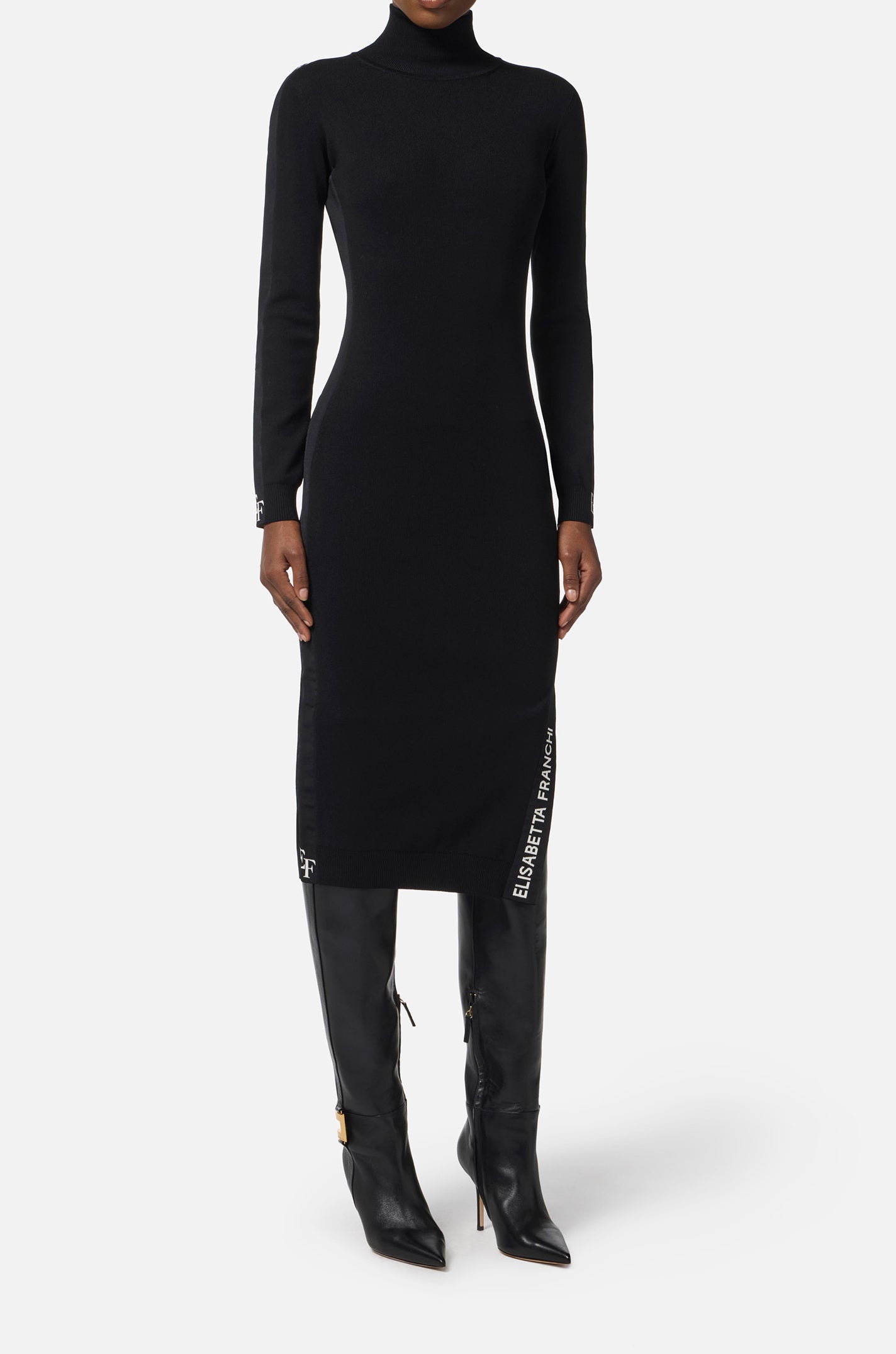 ELISABETTA FRANCHI Abito Midi Maglia Viscosa Bande Logo-Nero Milk