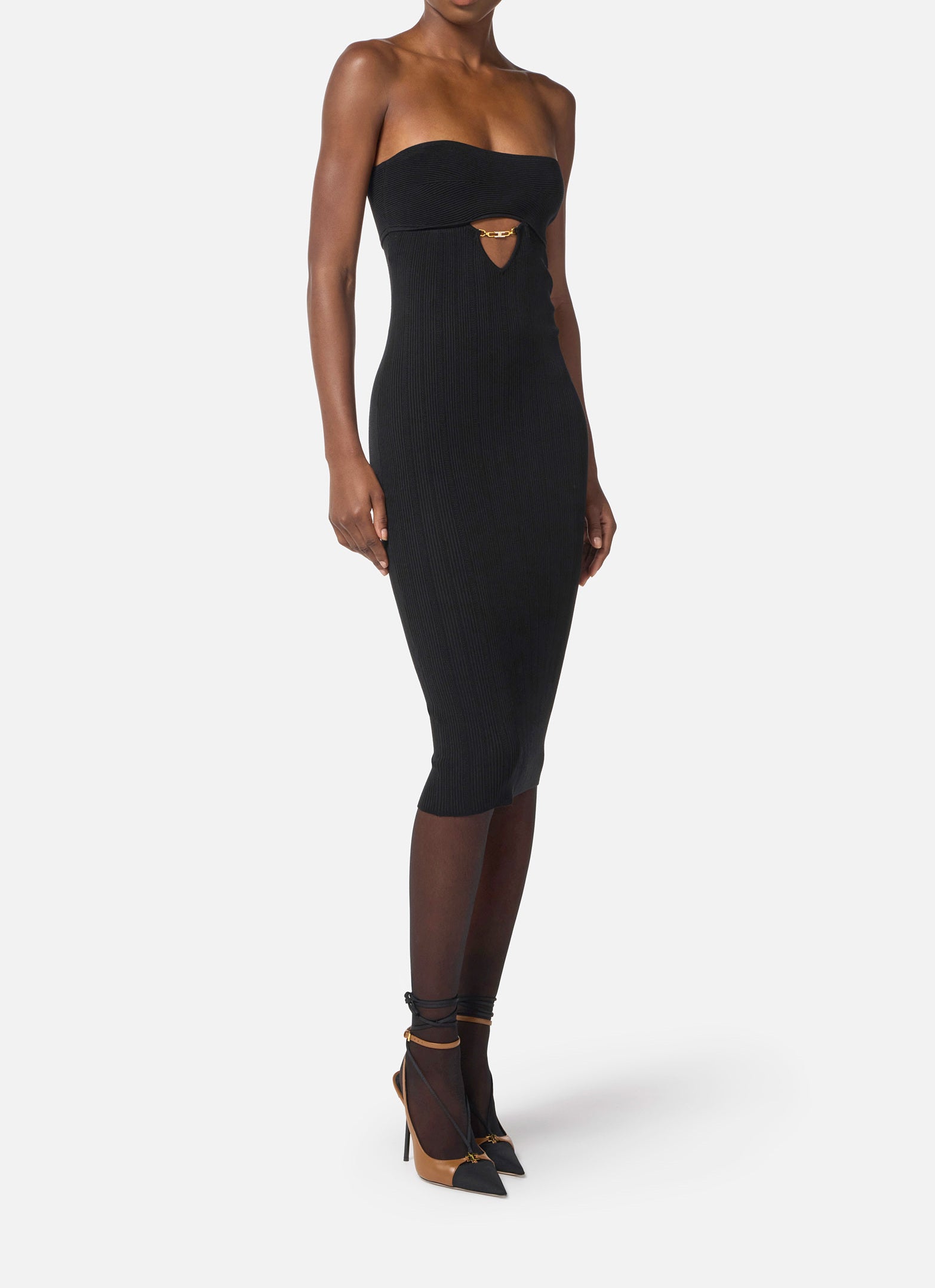 ELISABETTA FRANCHI Abito Midi Maglia Costine-Nero