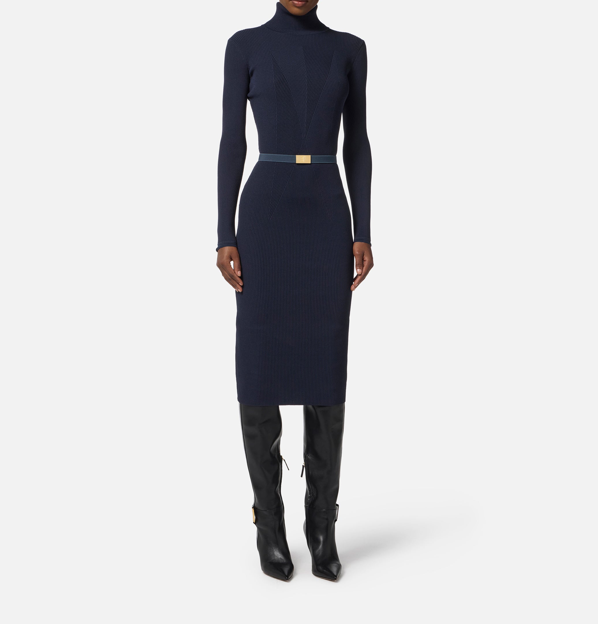 ELISABETTA FRANCHI Abito Midi Maglia Costine Cintura-Twilight