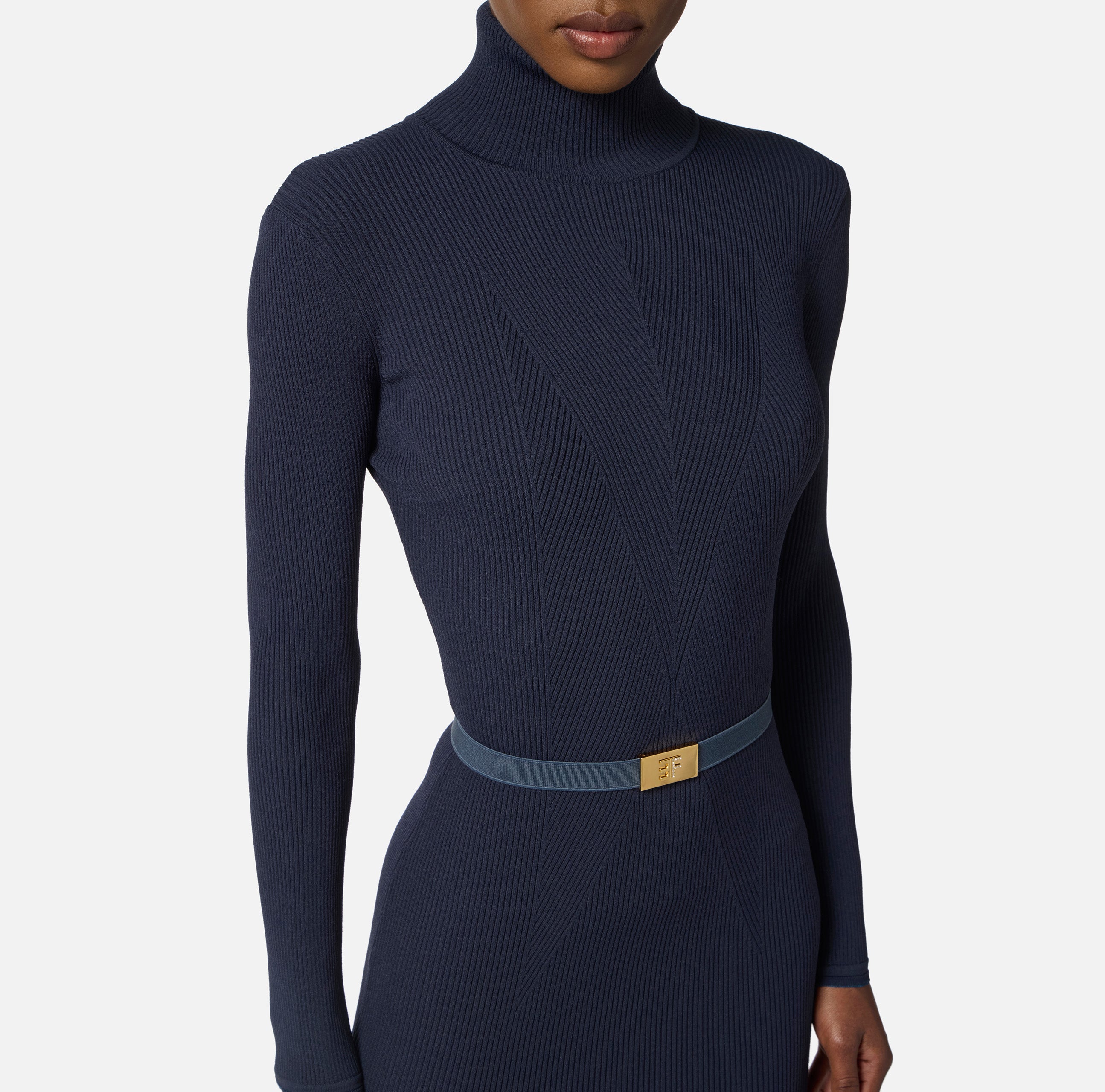 ELISABETTA FRANCHI Abito Midi Maglia Costine Cintura-Twilight