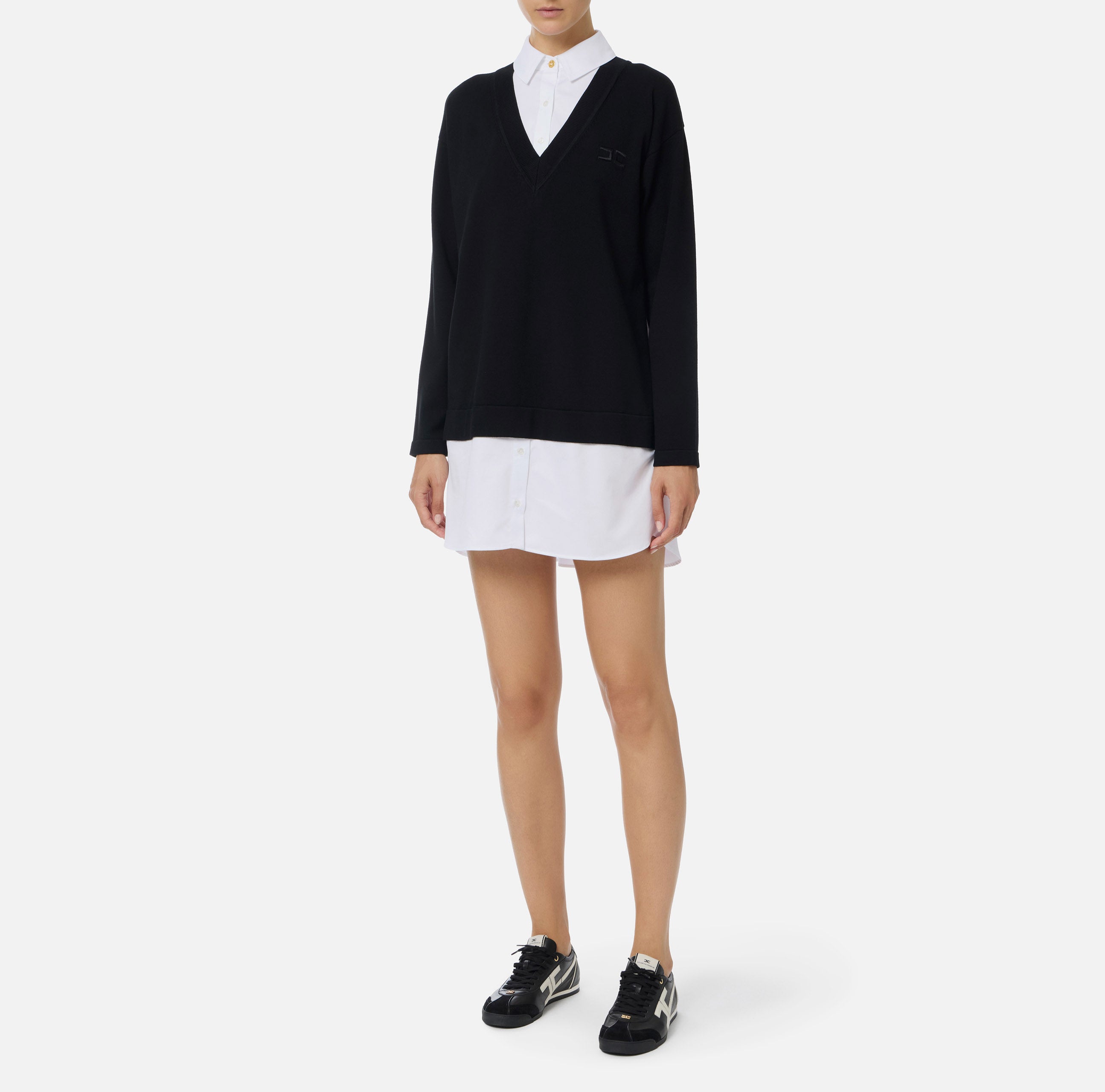 ELISABETTA FRANCHI Abito Corto Maglia Popeline-Nero Bianco