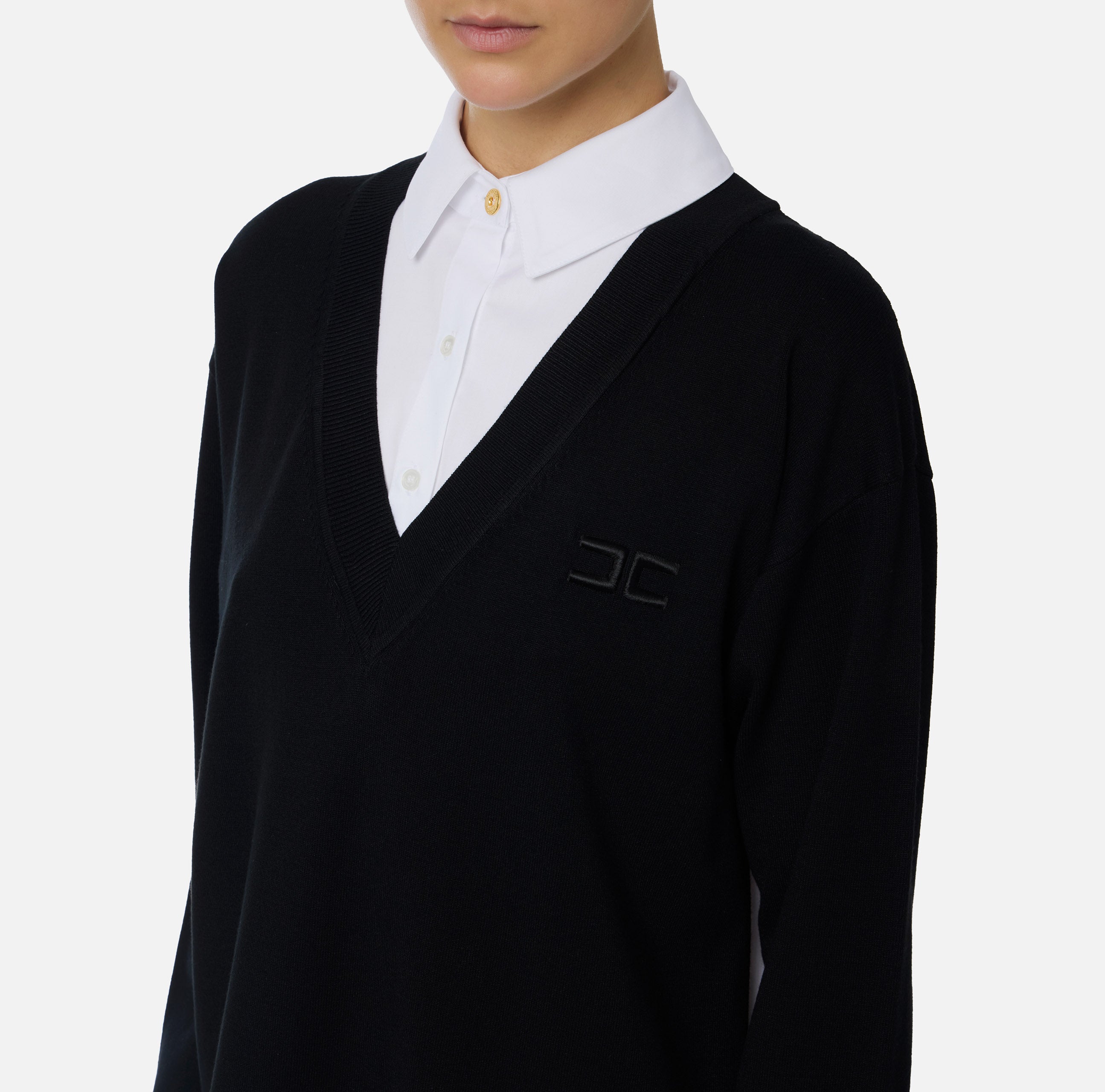 ELISABETTA FRANCHI Abito Corto Maglia Popeline-Nero Bianco