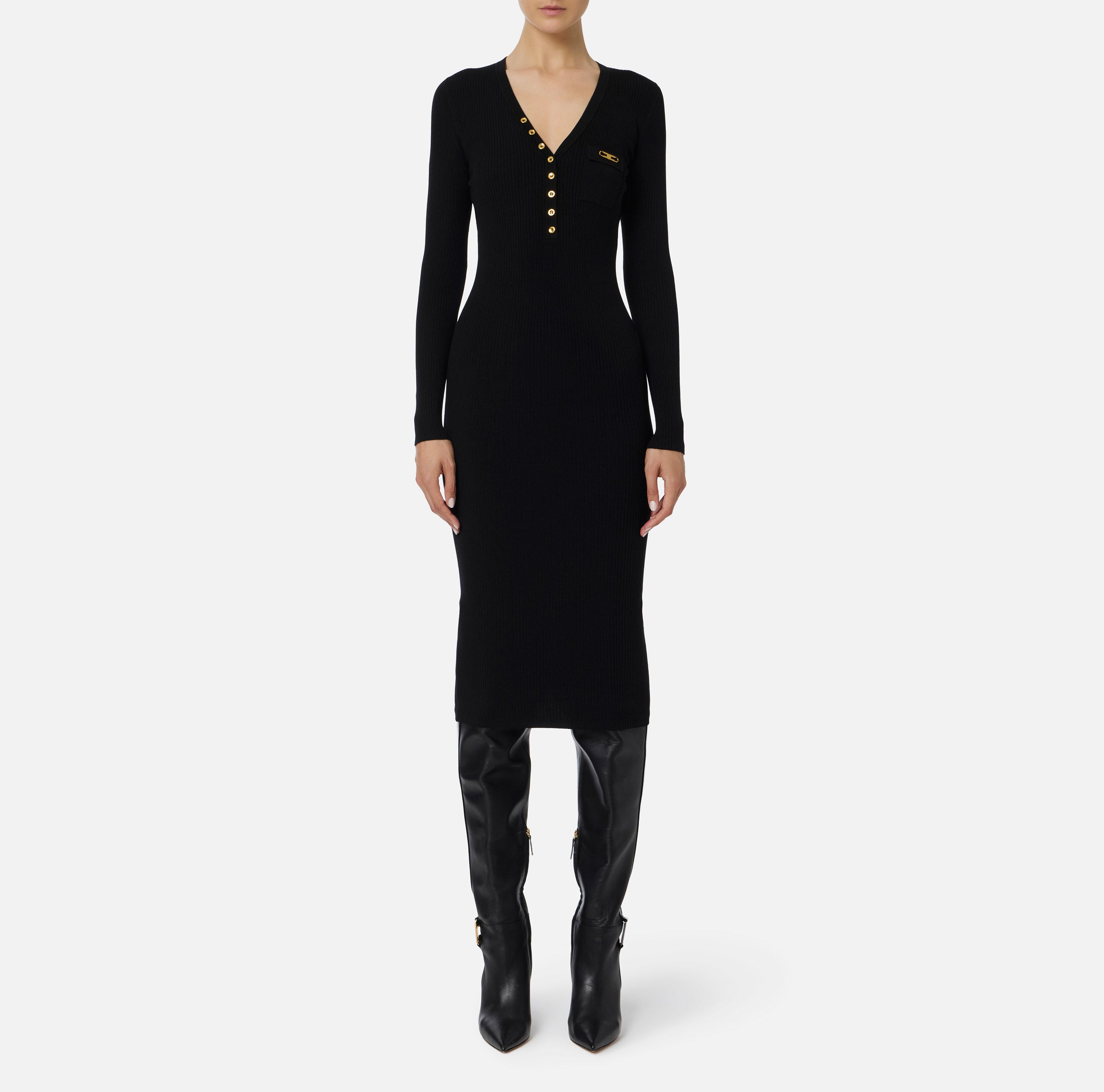 ELISABETTA FRANCHI Abito Midi Maglia Costine Taschino Logo-Nero