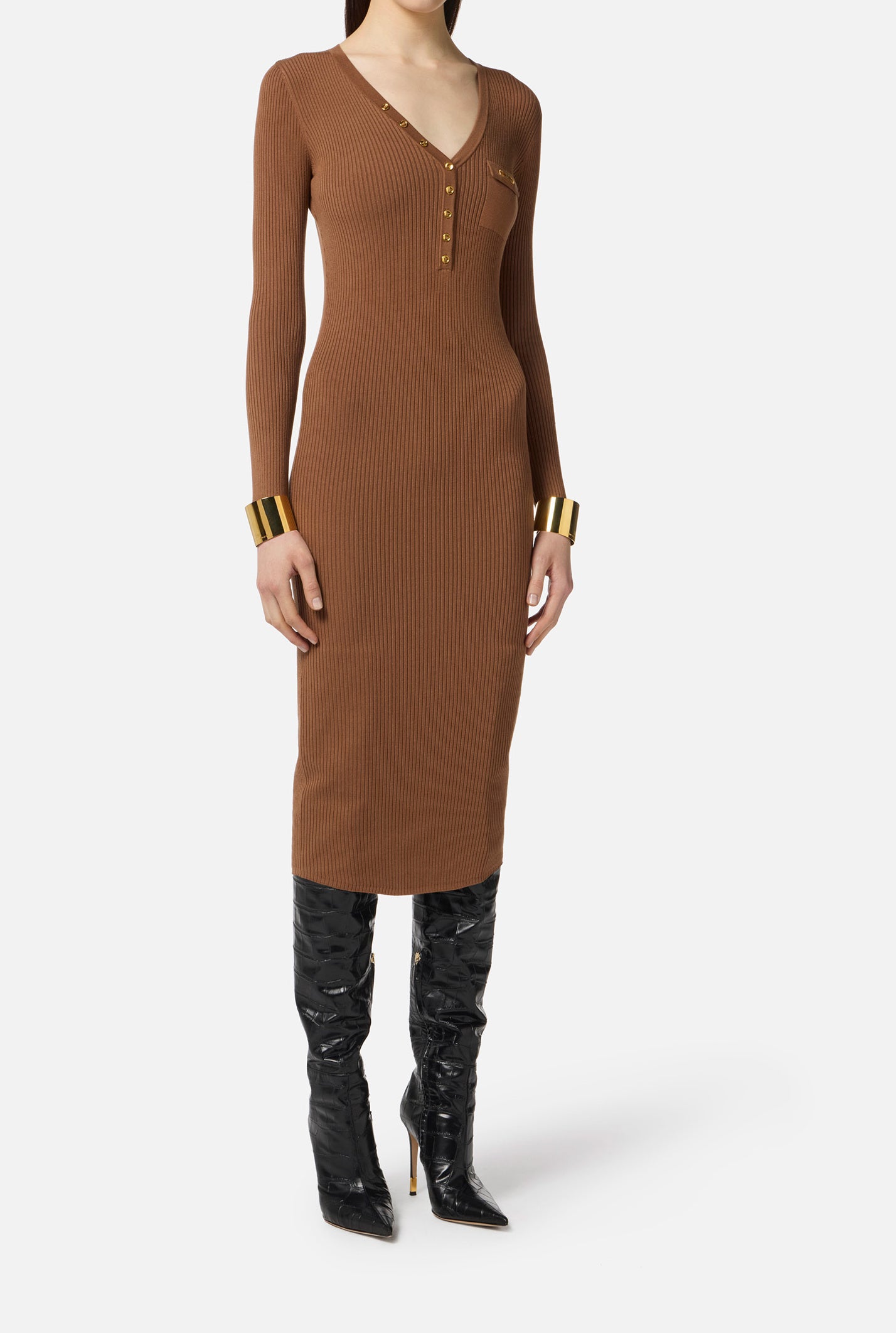 ELISABETTA FRANCHI Abito Midi Maglia Costine Taschino Logo-Brown Sugar