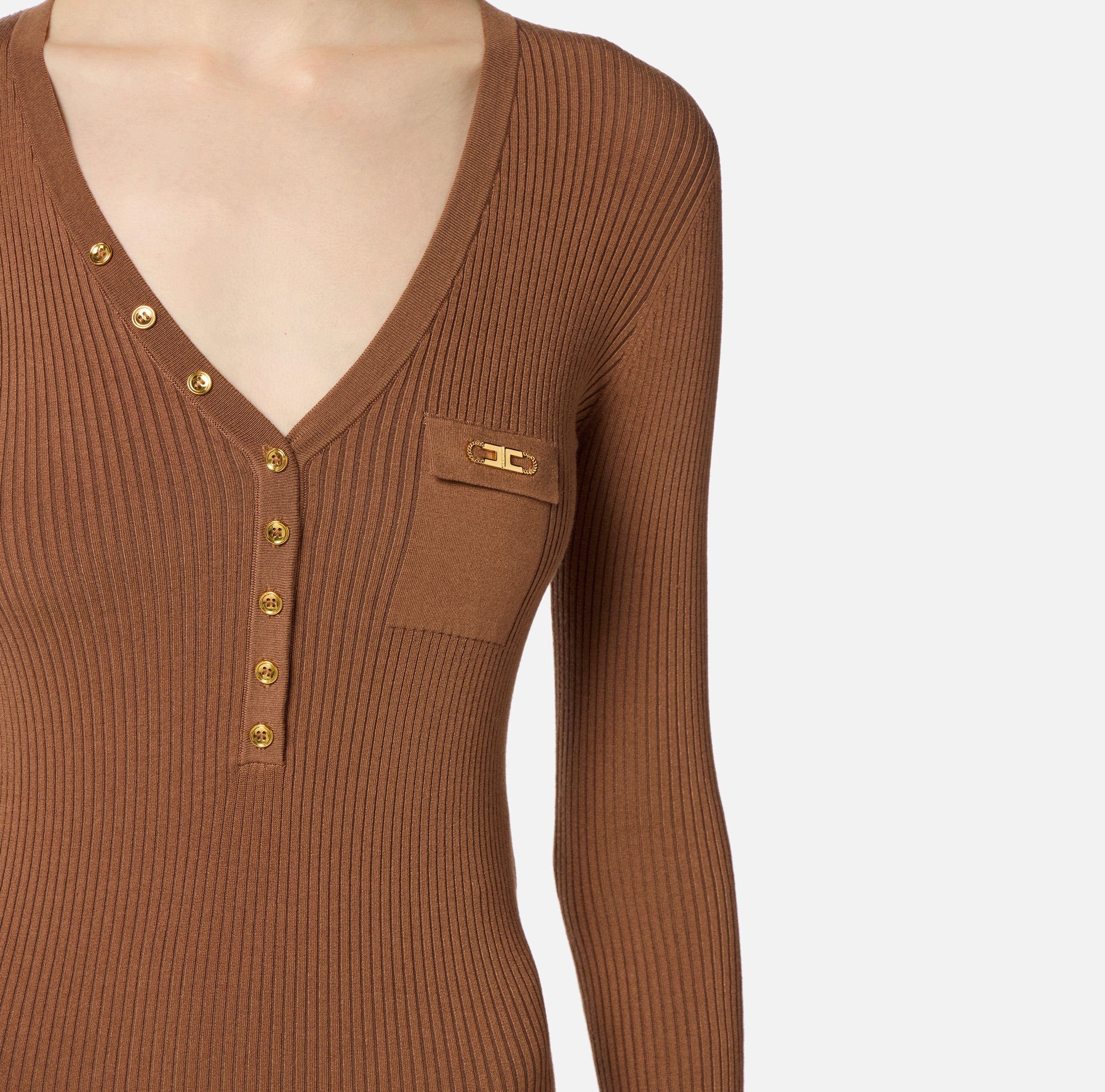 ELISABETTA FRANCHI Abito Midi Maglia Costine Taschino Logo-Brown Sugar