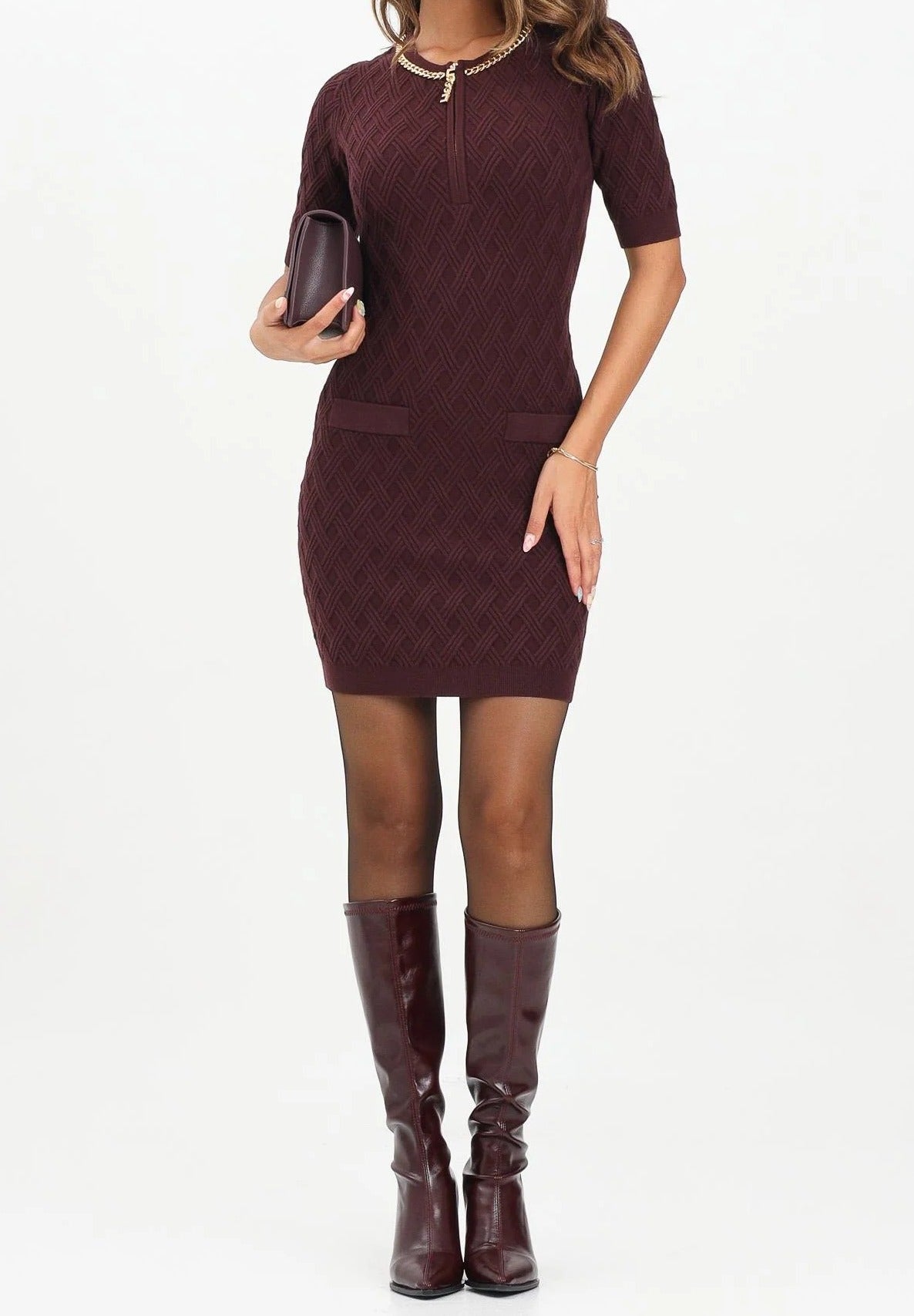 ELISABETTA FRANCHI Abito Corto Maglia Rombi Zip-Merlot