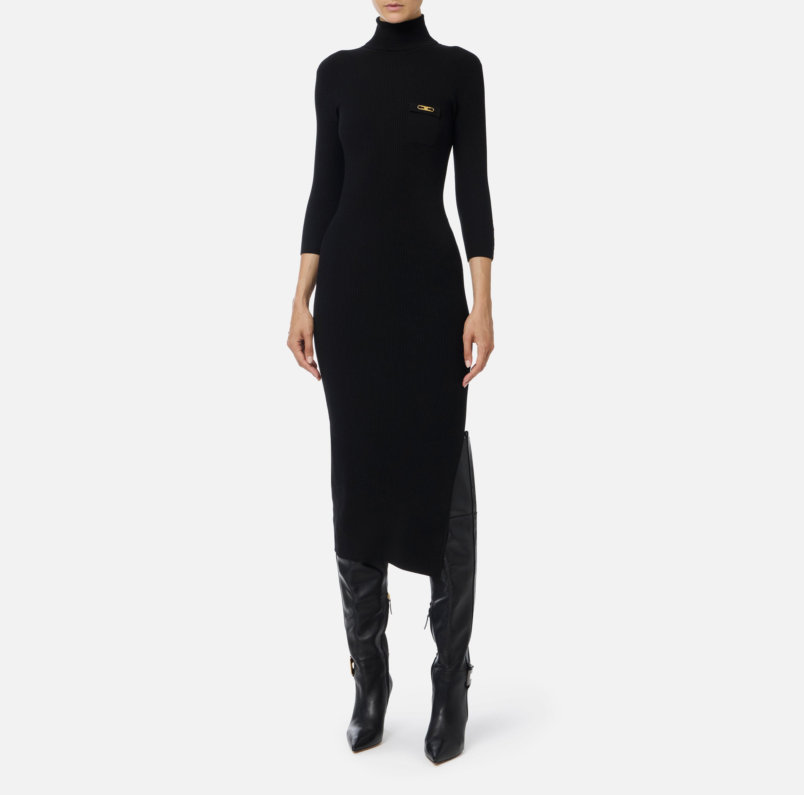 ELISABETTA FRANCHI Abito Midi Maglia Costine Taschino-Nero