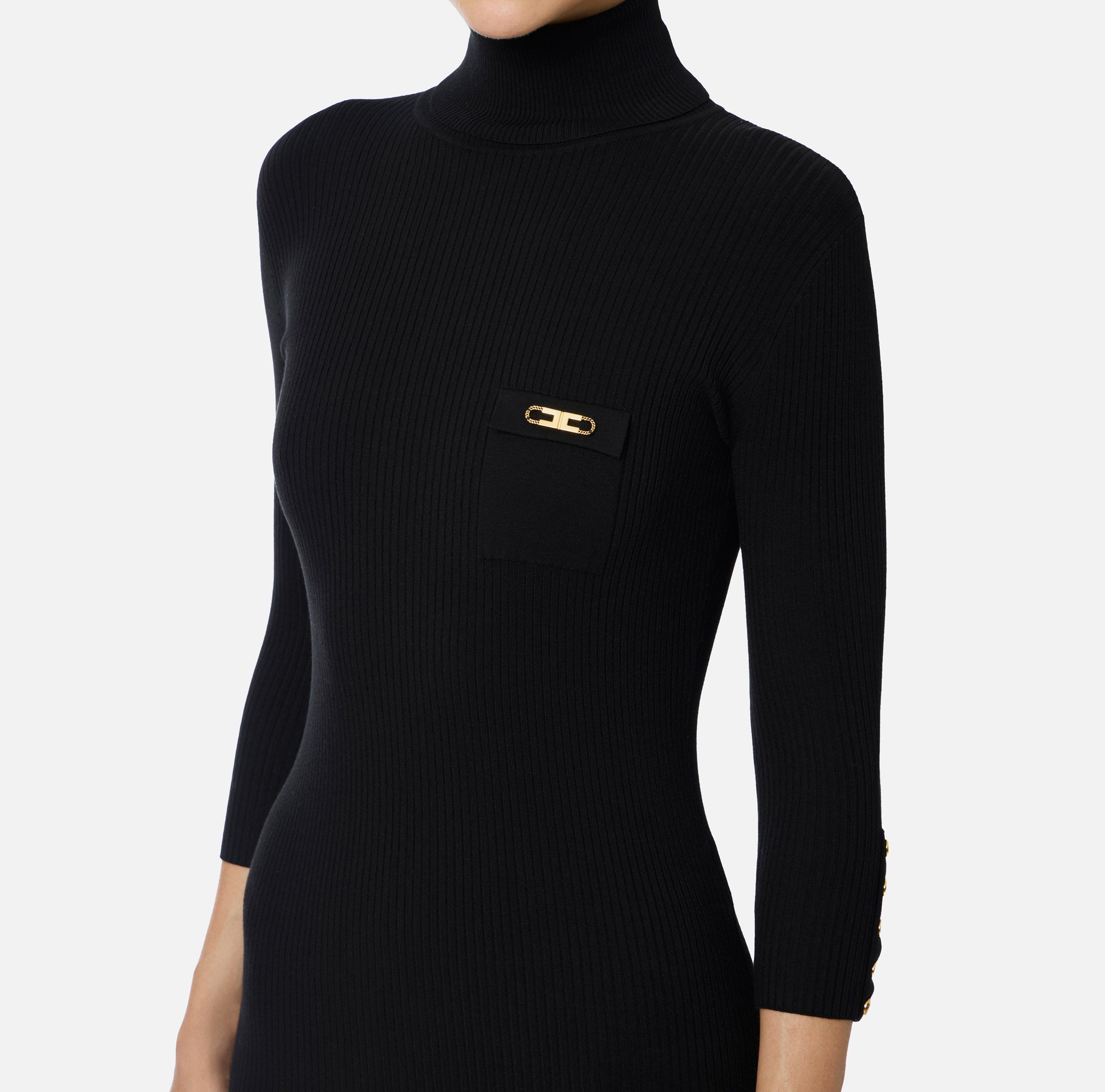 ELISABETTA FRANCHI Abito Midi Maglia Costine Taschino-Nero