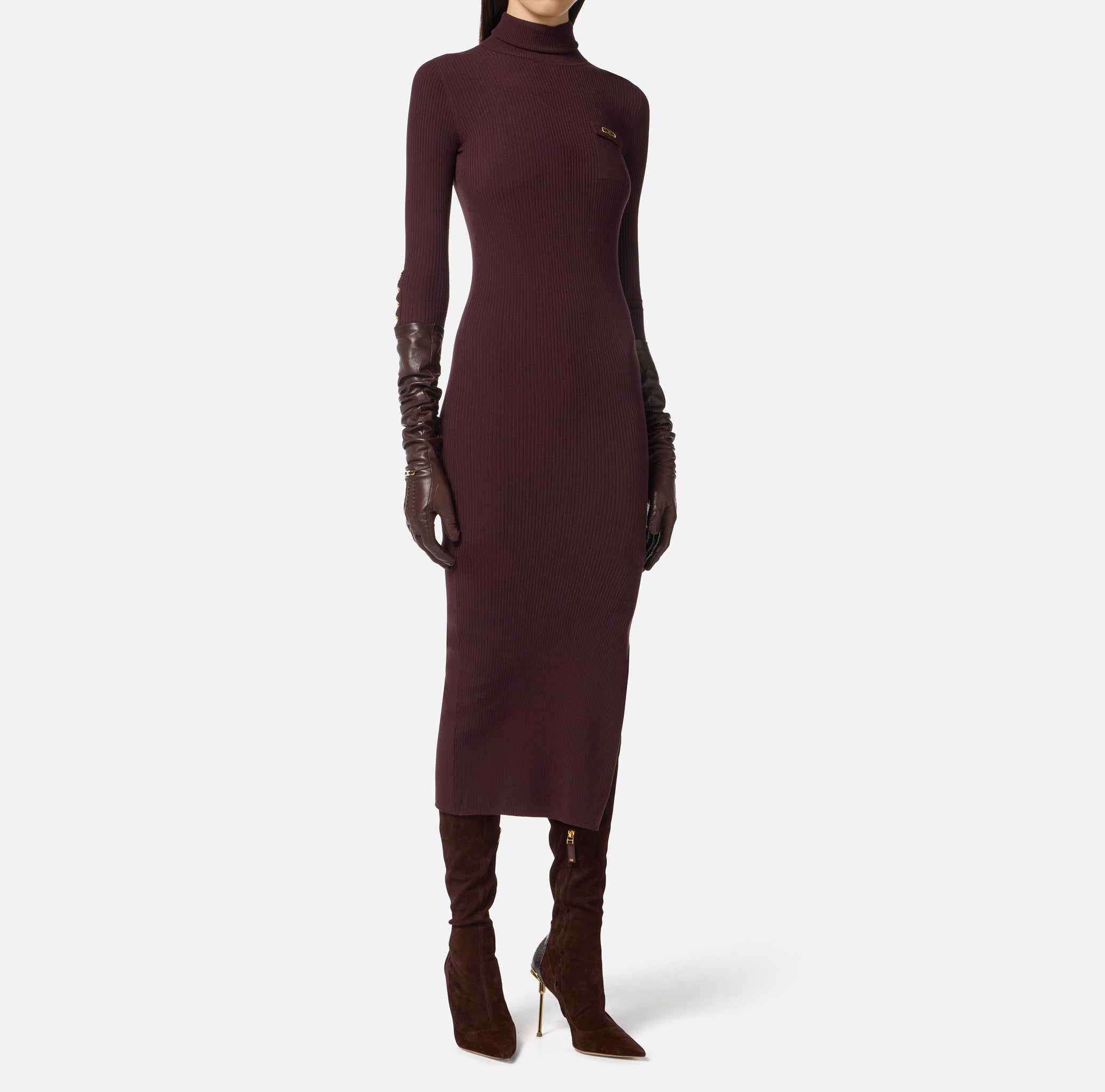 ELISABETTA FRANCHI Abito Midi Maglia Costine Taschino-Merlot