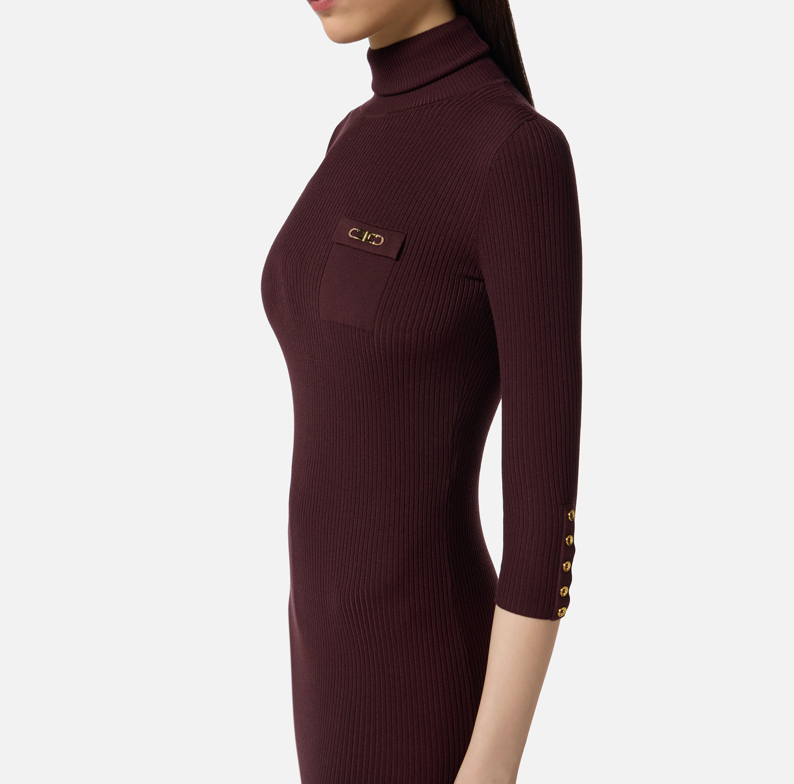 ELISABETTA FRANCHI Abito Midi Maglia Costine Taschino-Merlot