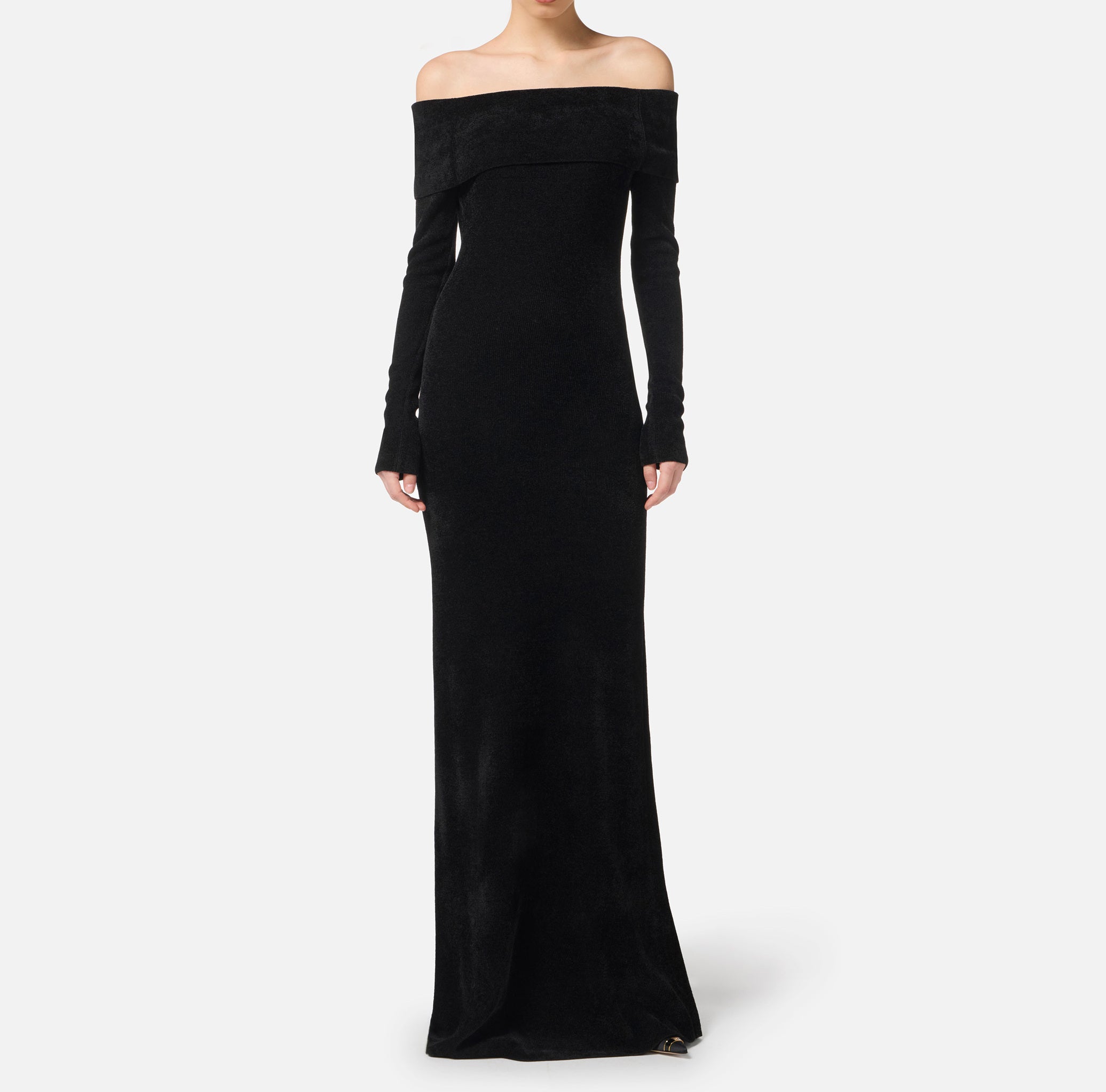 ELISABETTA FRANCHI Abito Red Carpet Ciniglia Cintura-Nero