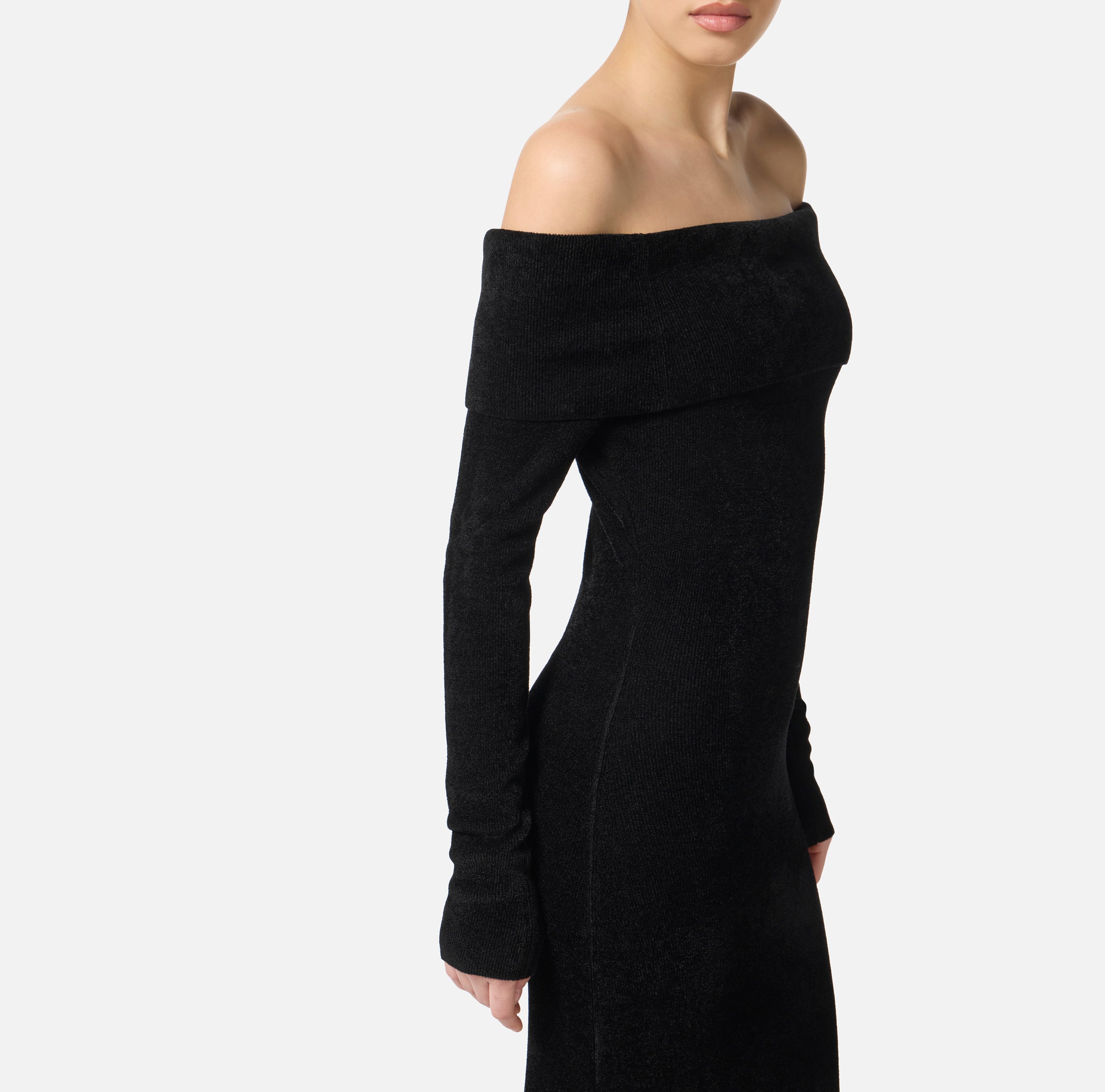ELISABETTA FRANCHI Abito Red Carpet Ciniglia Cintura-Nero