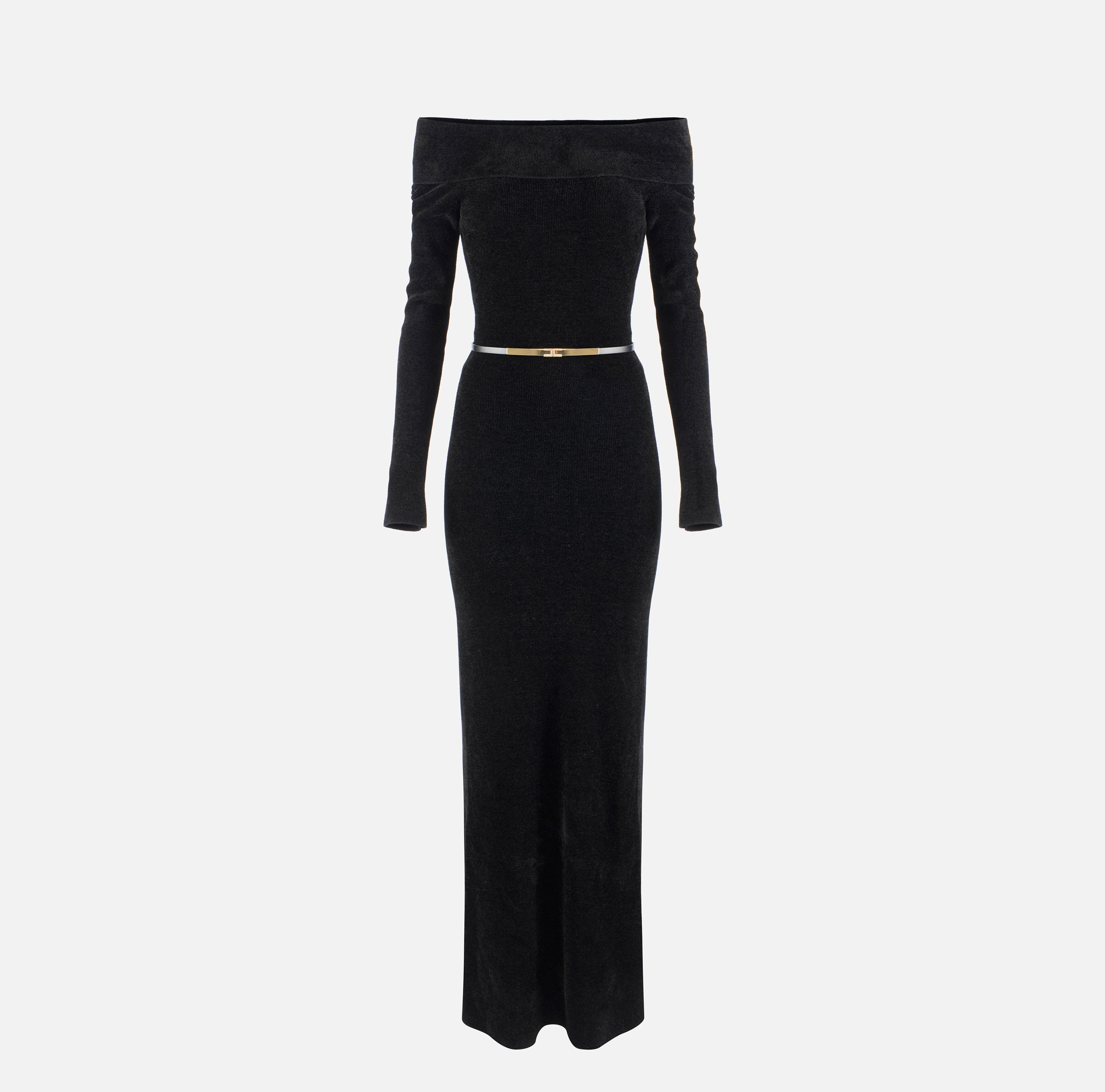 ELISABETTA FRANCHI Abito Red Carpet Ciniglia Cintura-Nero