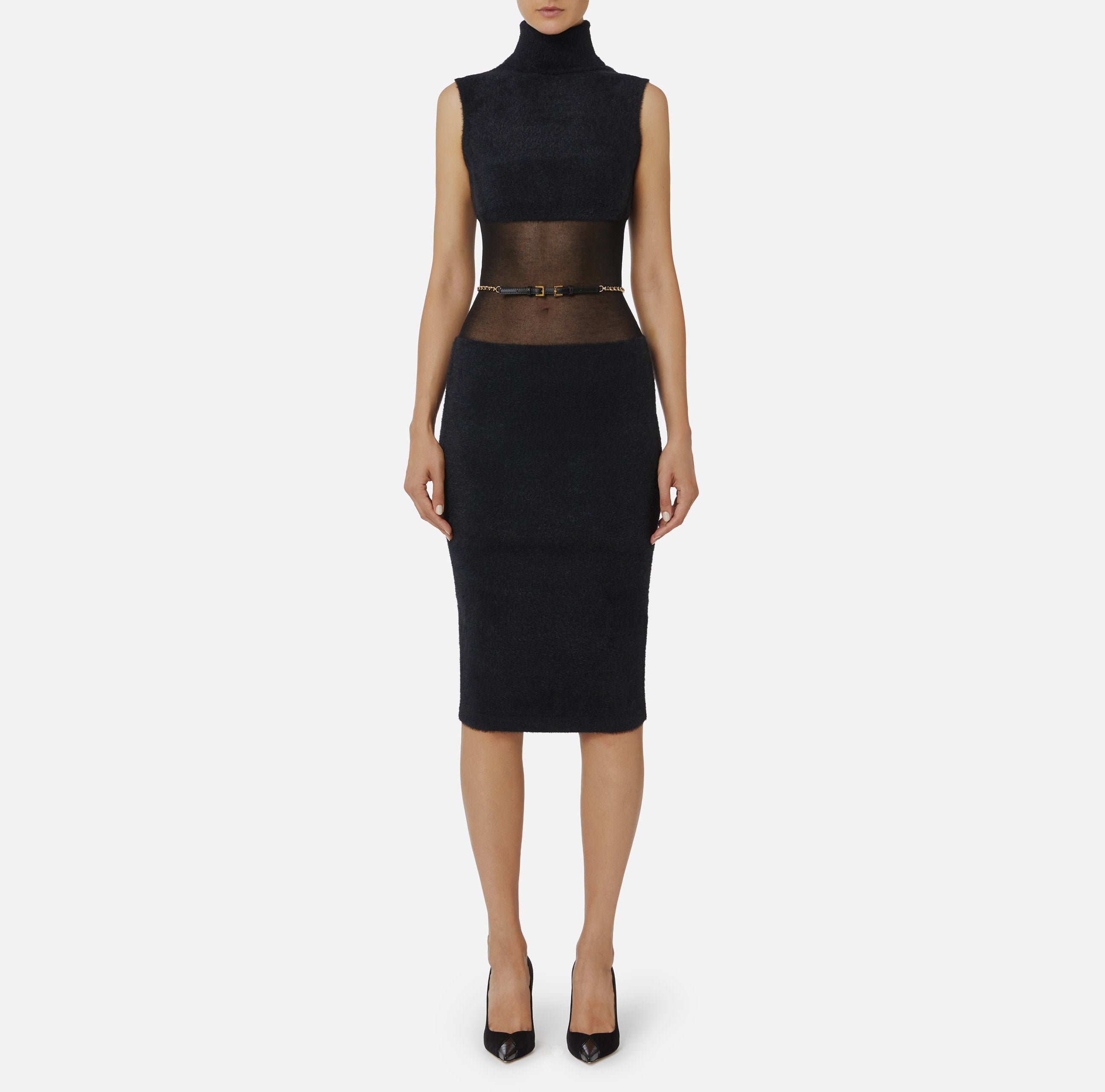 ELISABETTA FRANCHI Abito Midi Maglia Cintura-Nero
