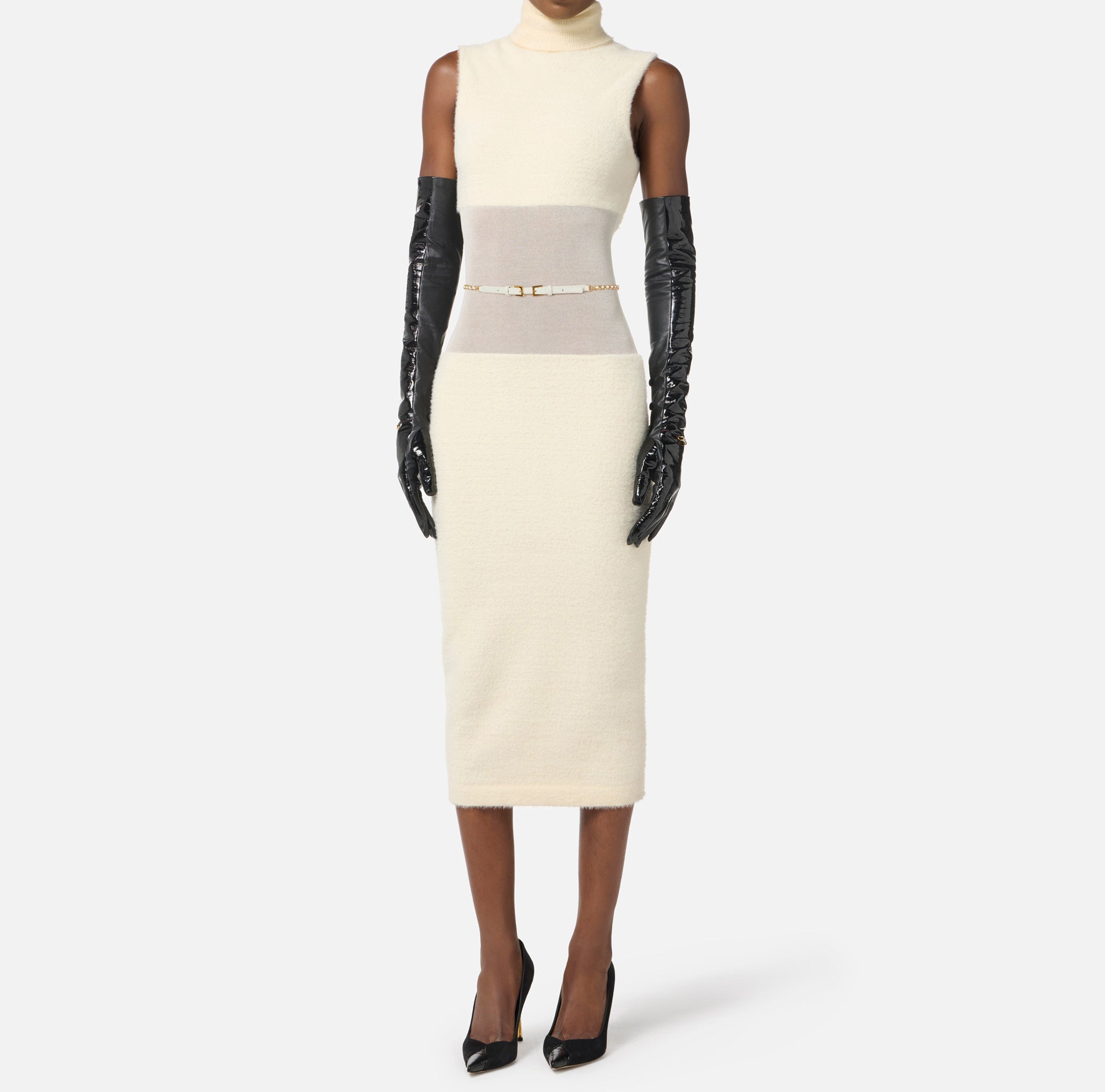 ELISABETTA FRANCHI Abito Midi Maglia Cintura-Milk