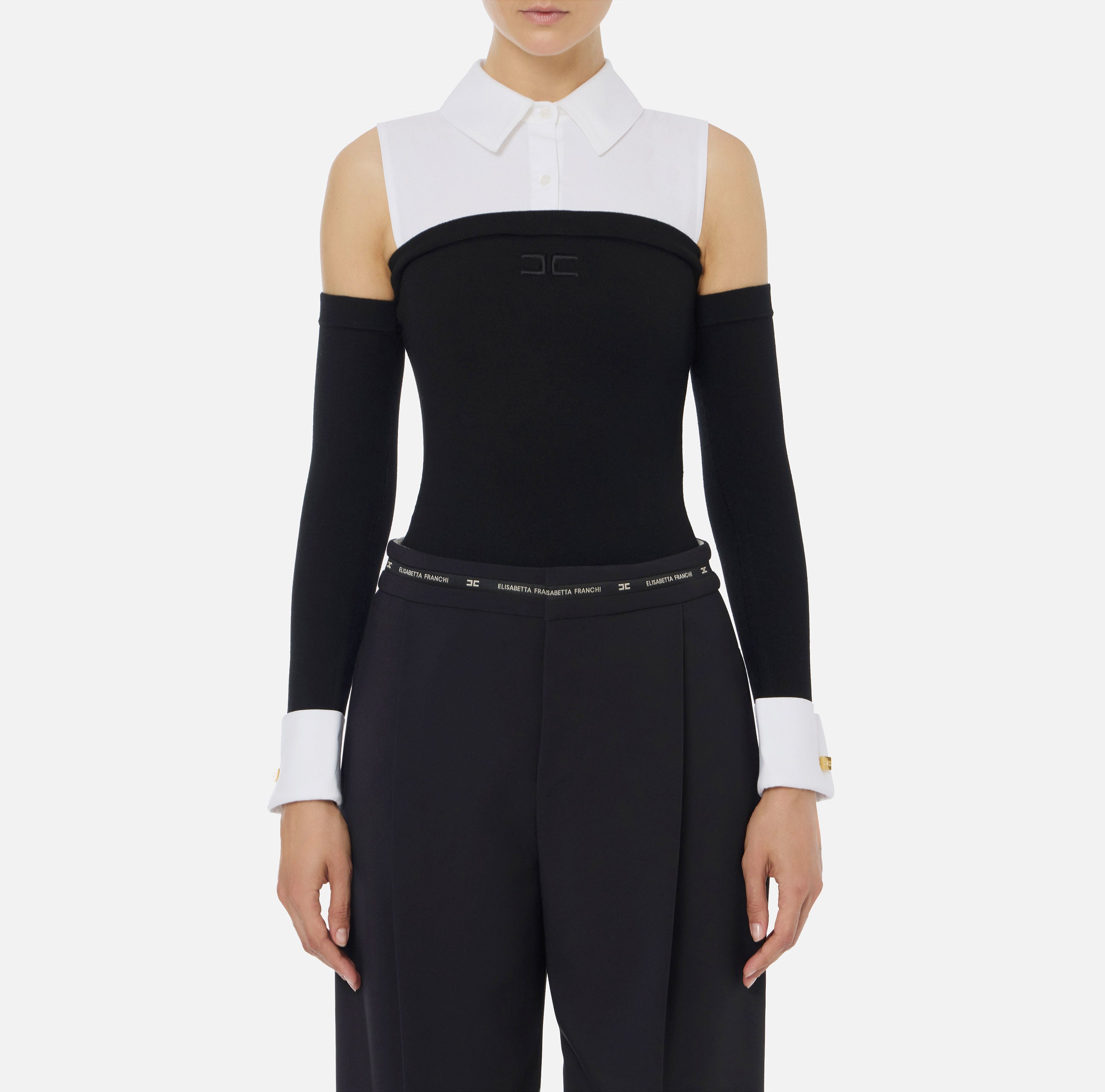 ELISABETTA FRANCHI Body Maglia Viscosa Popeline Cotone-Nero Bianco
