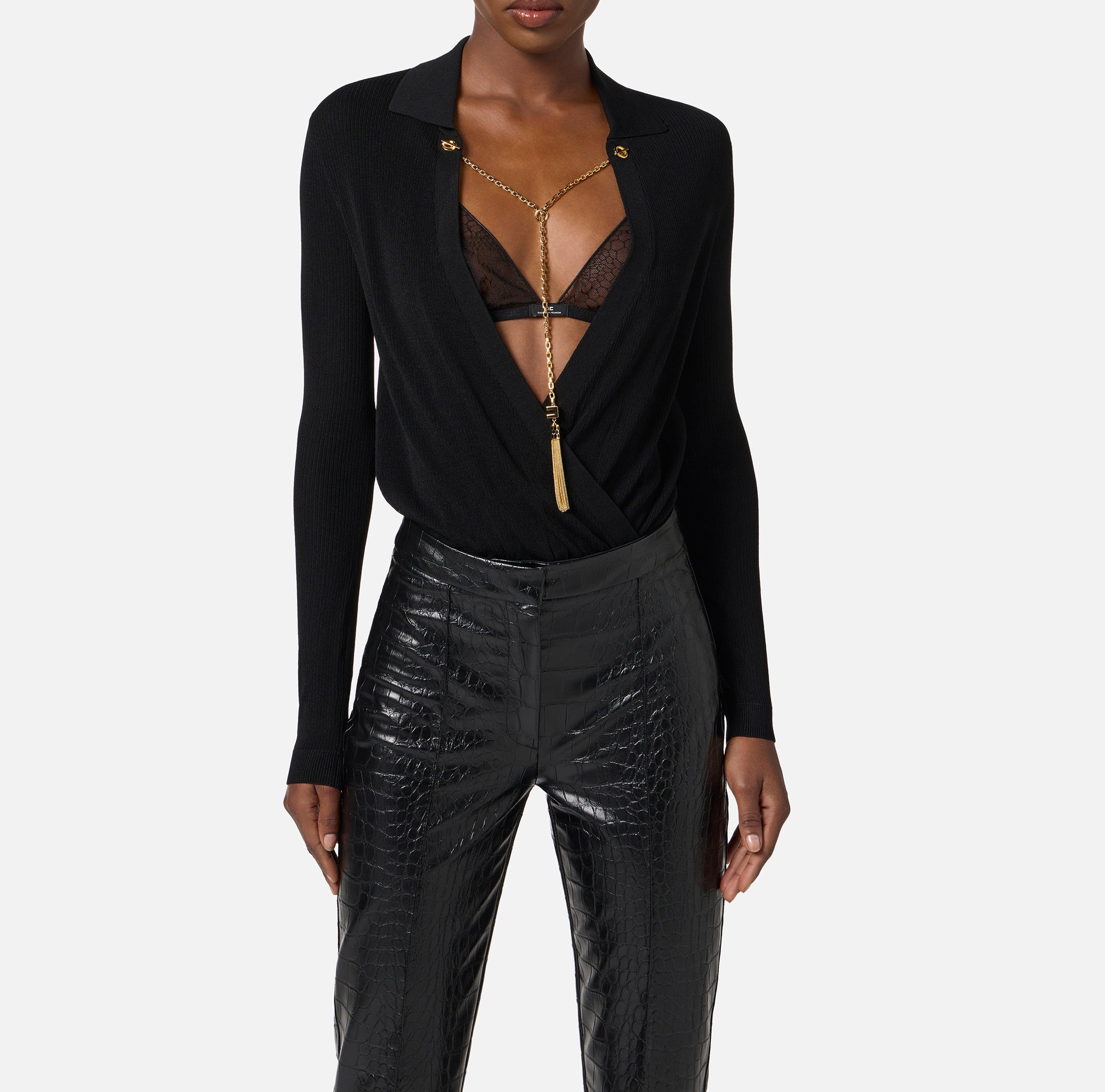 ELISABETTA FRANCHI Body Maglia Viscosa Seta Catena-Nero