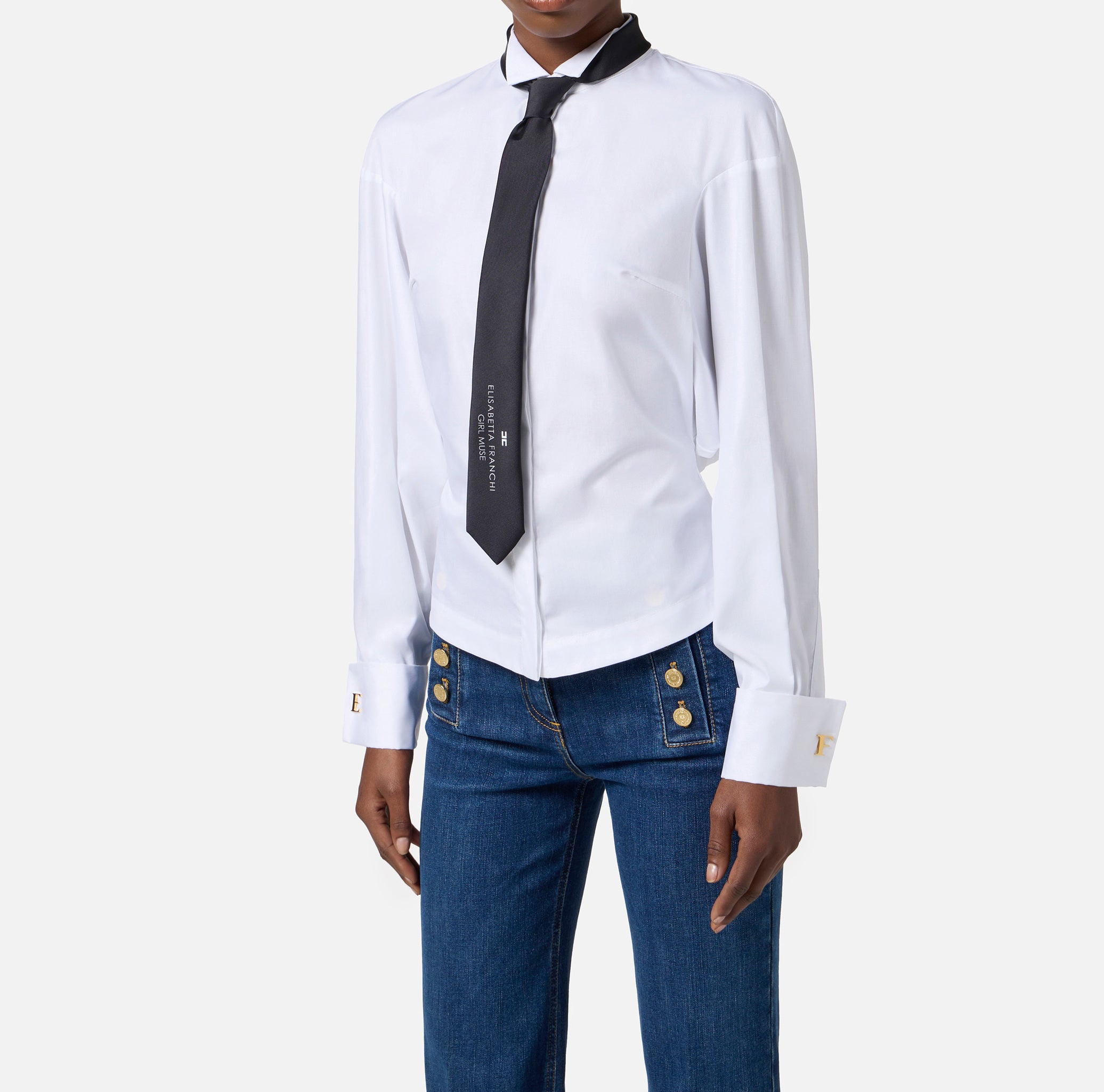 ELISABETTA FRANCHI Camicia Popeline Cotone Cravatta-Bianco Nero