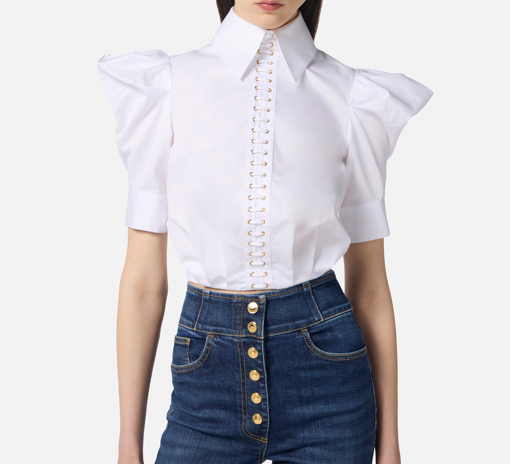 ELISABETTA FRANCHI Camicia Balloon Popeline Cotone-Bianco