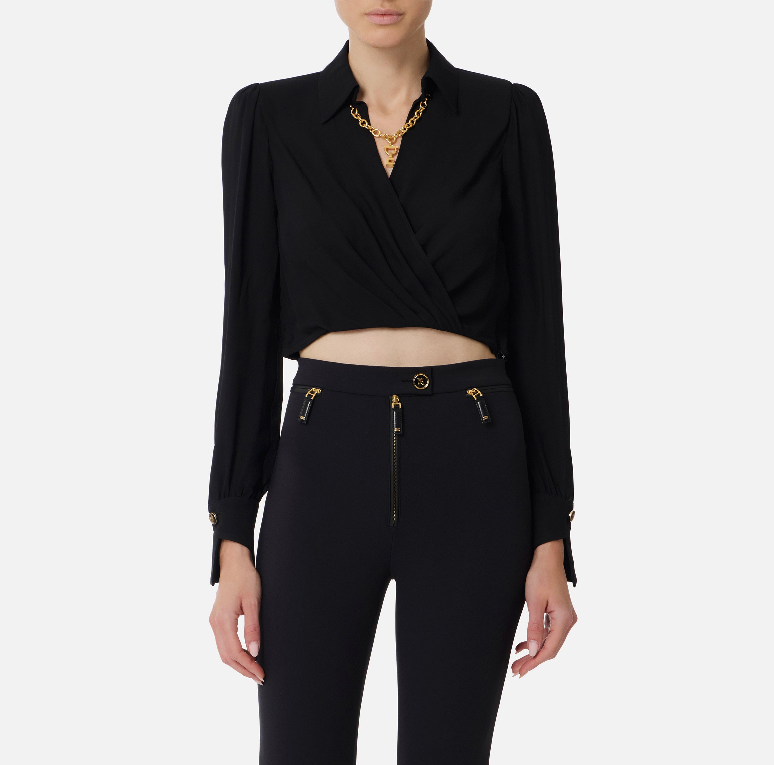 ELISABETTA FRANCHI Camicia Cropped Georgette Viscosa Gioiello-Nero