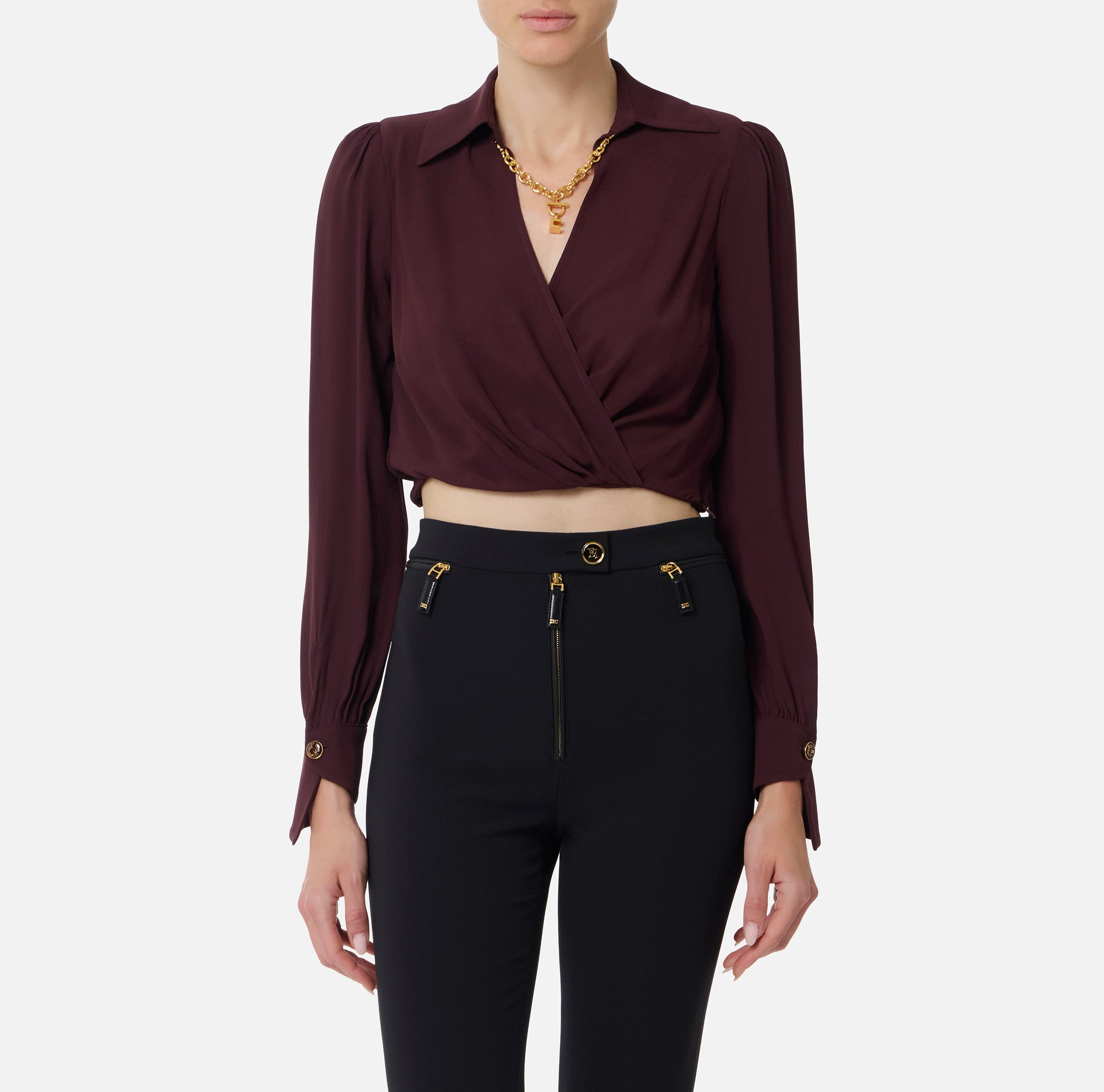 ELISABETTA FRANCHI Camicia Cropped Georgette Viscosa Gioiello-Merlot