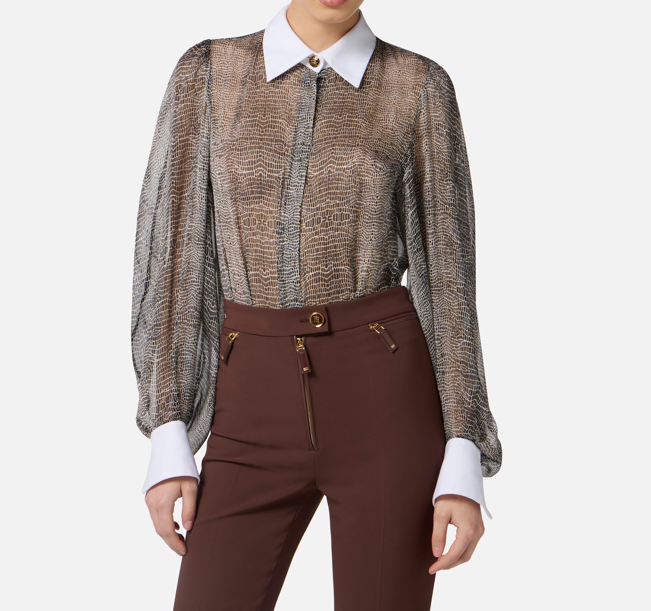 ELISABETTA FRANCHI Camicia a body Voile Seta Pitonata-Nero