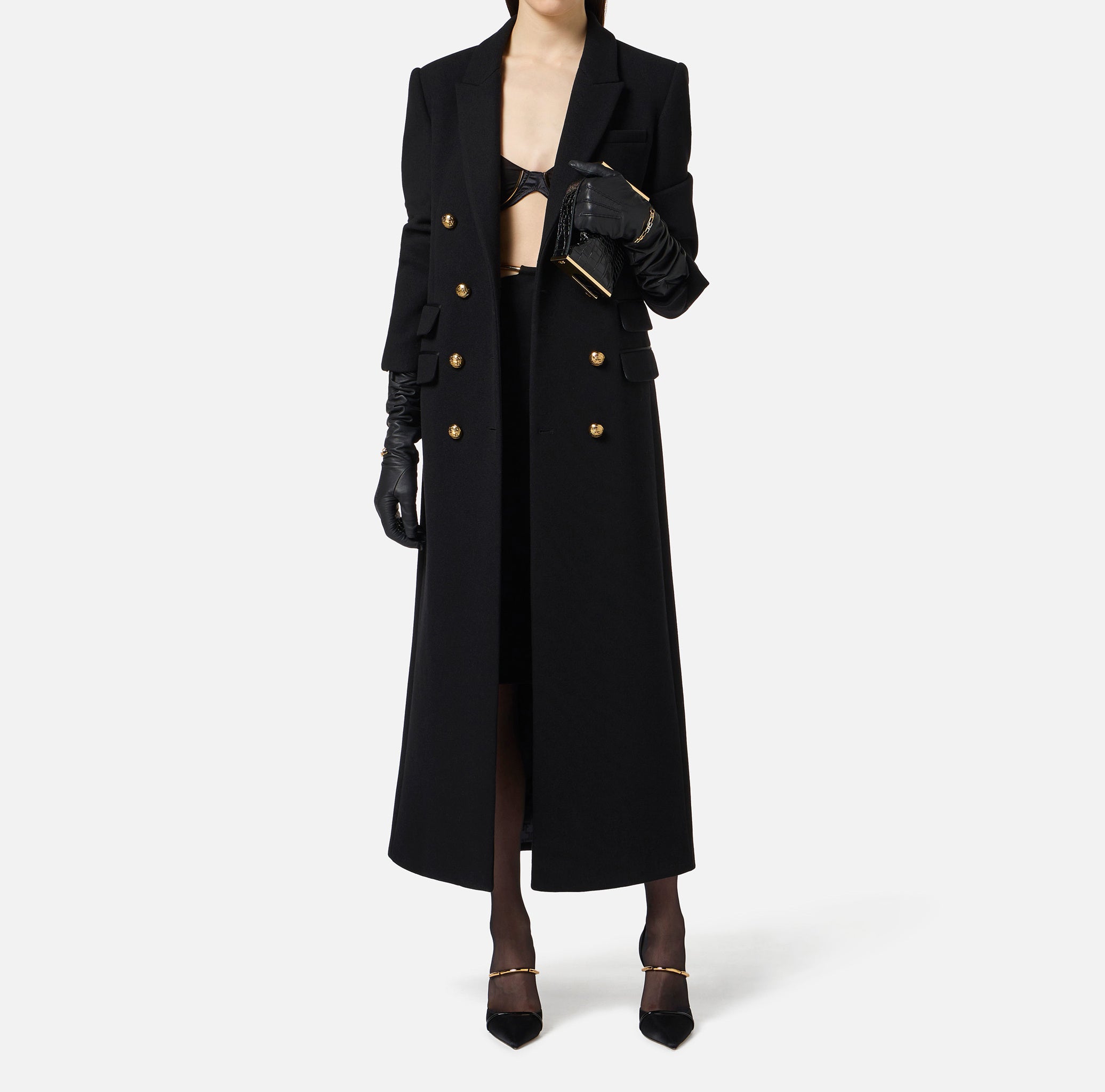 ELISABETTA FRANCHI Cappotto Lungo Doppiopetto Panno Lana-Nero