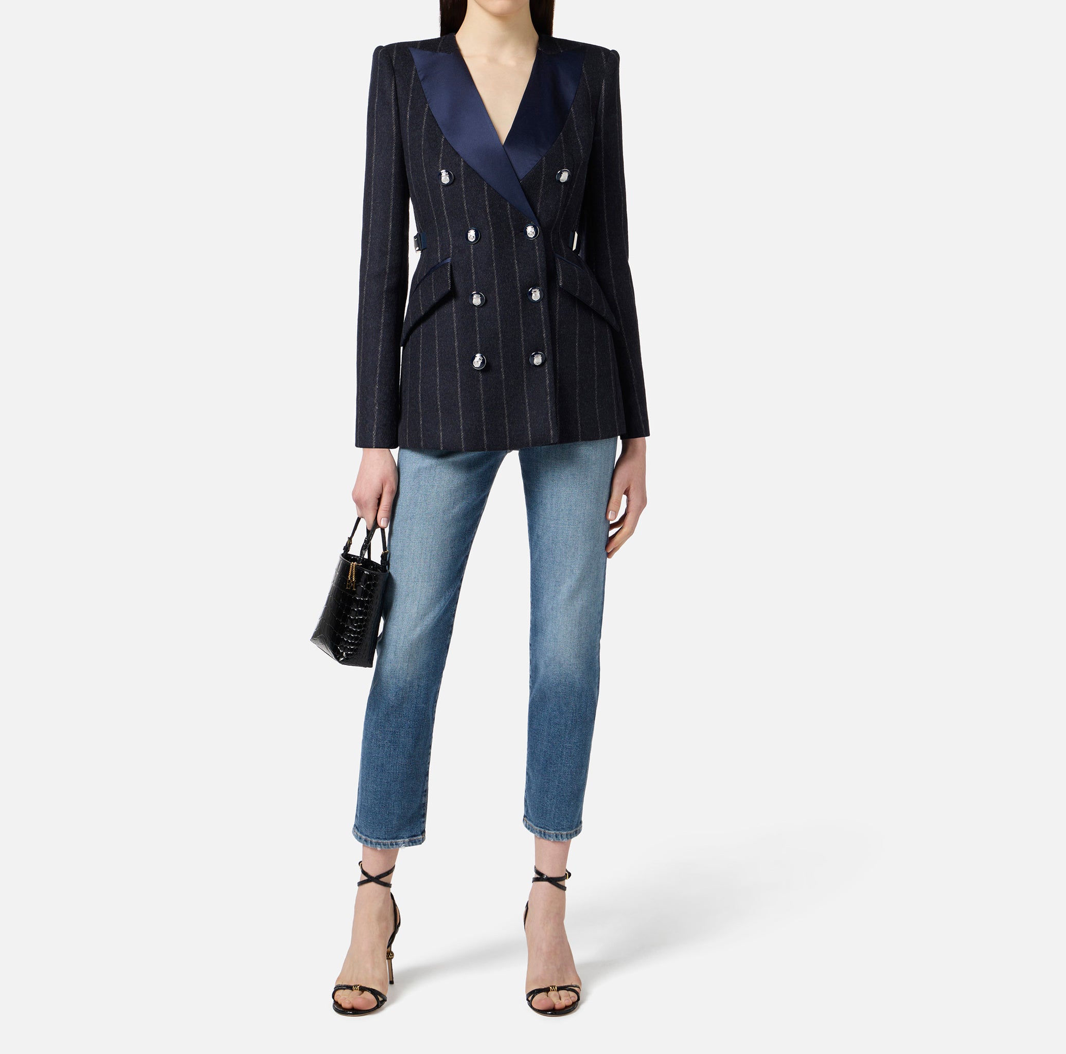ELISABETTA FRANCHI Cappotto Corto Doppiopetto Panno Lana Gessato-Twilight