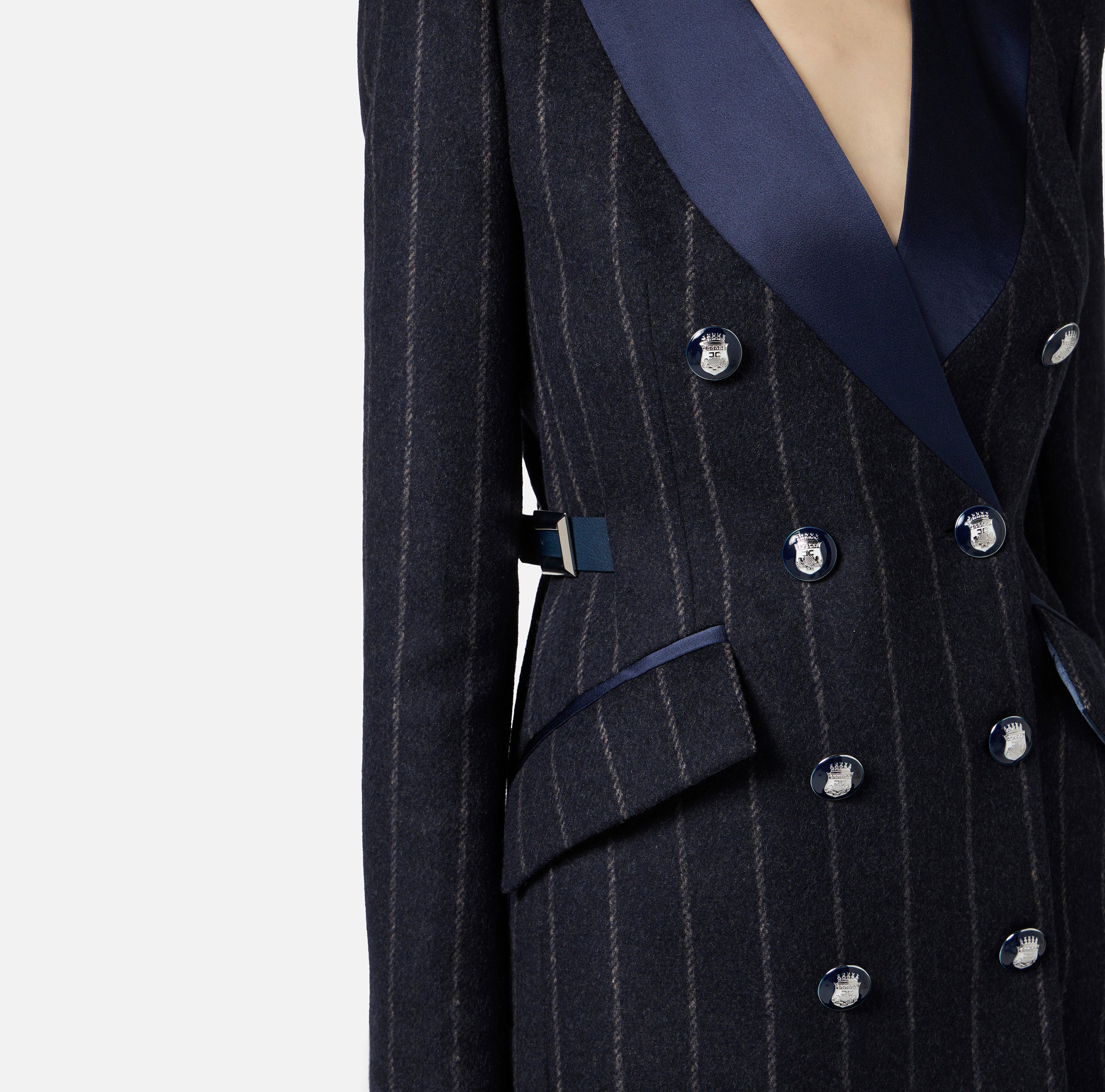 ELISABETTA FRANCHI Cappotto Corto Doppiopetto Panno Lana Gessato-Twilight