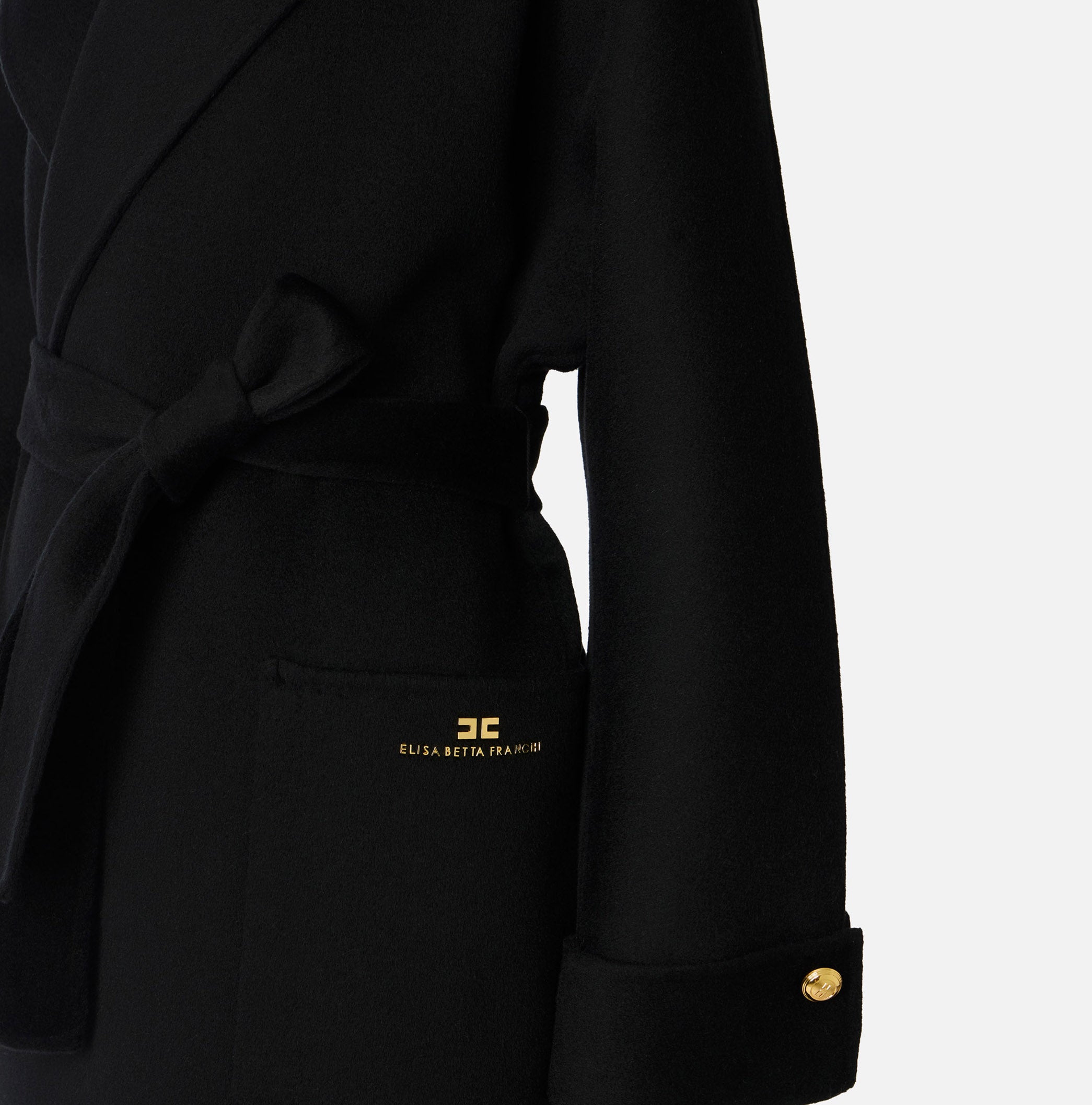 ELISABETTA FRANCHI Cappotto Midi Vestaglia Panno Lana-Nero