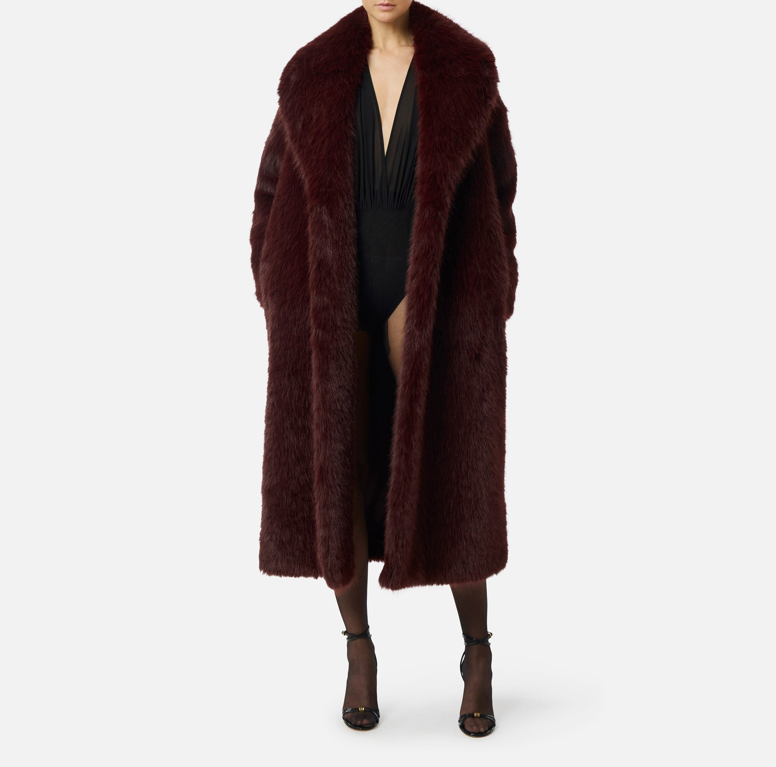 ELISABETTA FRANCHI CAPPOTTO Lungo Ecopelliccia-Merlot
